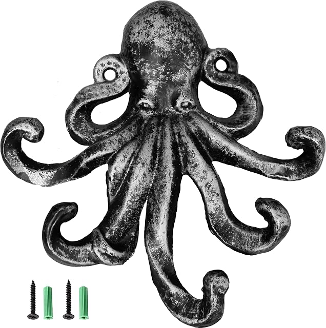 JJ PRIME - Octopus Key Holder for Wall | Animal Decor Key Hooks for Wall | Key Hooks Wall Mounted | Octopus Ornament Key Hook for Entryway, Hallway, Office (Silver)