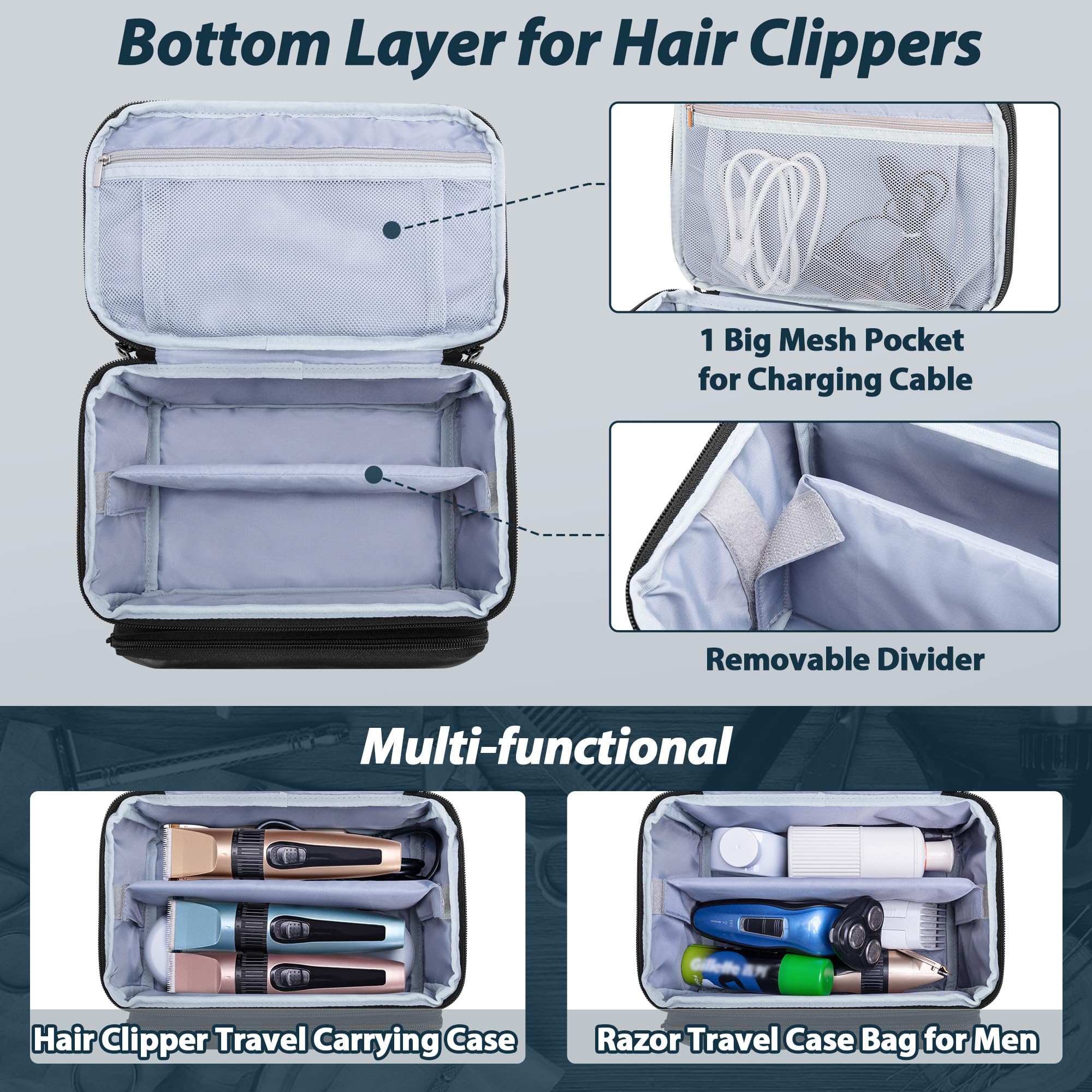 CURMIO Carrying Case for Clippers Double Layer Hair Cutting Barber Supplies Storage Bag Compatible with Hatteker/Wahl/Andis/Ufree and Most Other Standard Men Hair Trimmer Kits - Image 3