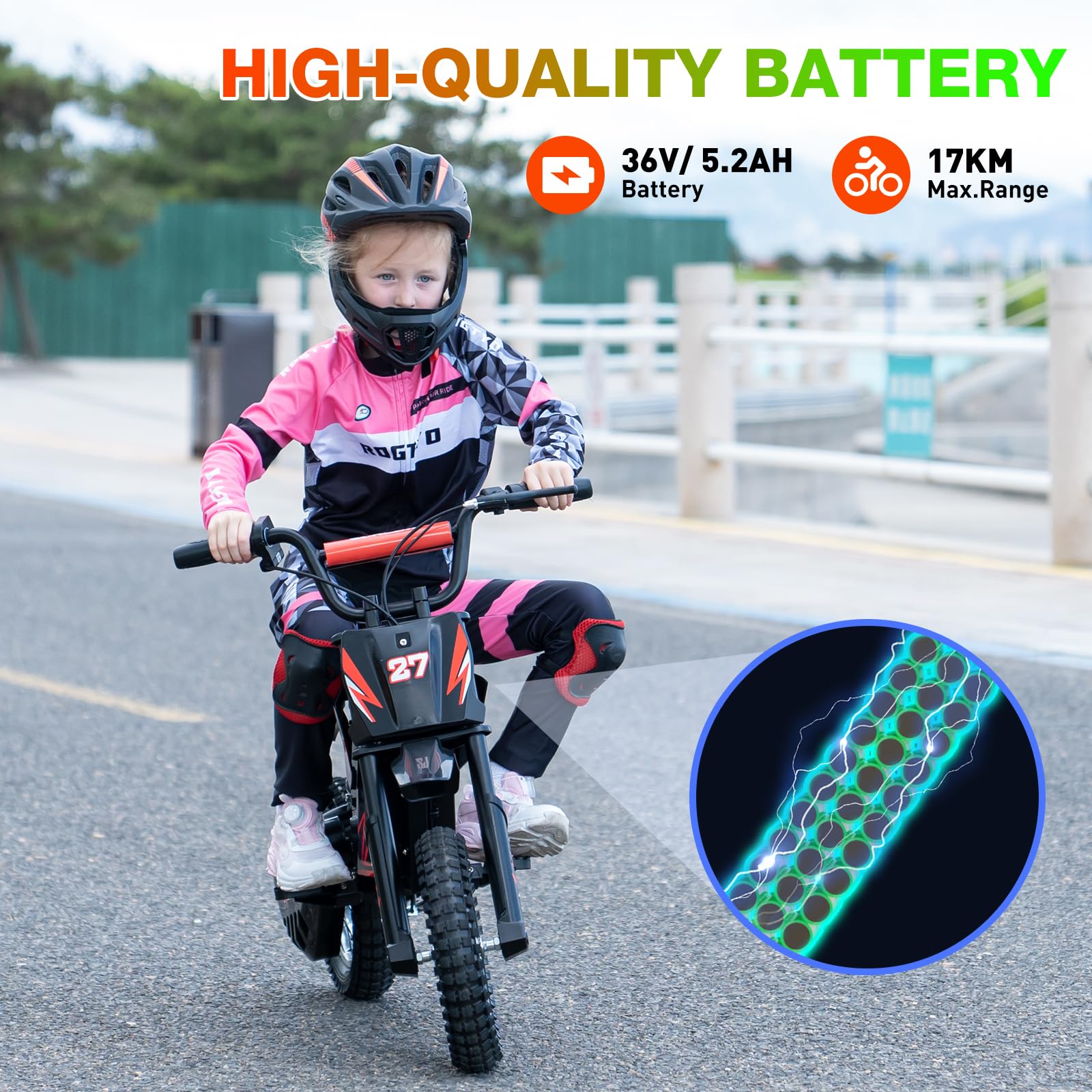 RCB TECH R9X Moto Électrique Enfants, Moteur performant, 3 Modes de Vitesse, Max 25km/h, autonomie Max 17KM, pneus pneumatiques 12 Pouces, vélo Moto Cross pour Enfants âgés de 6+ Ans
