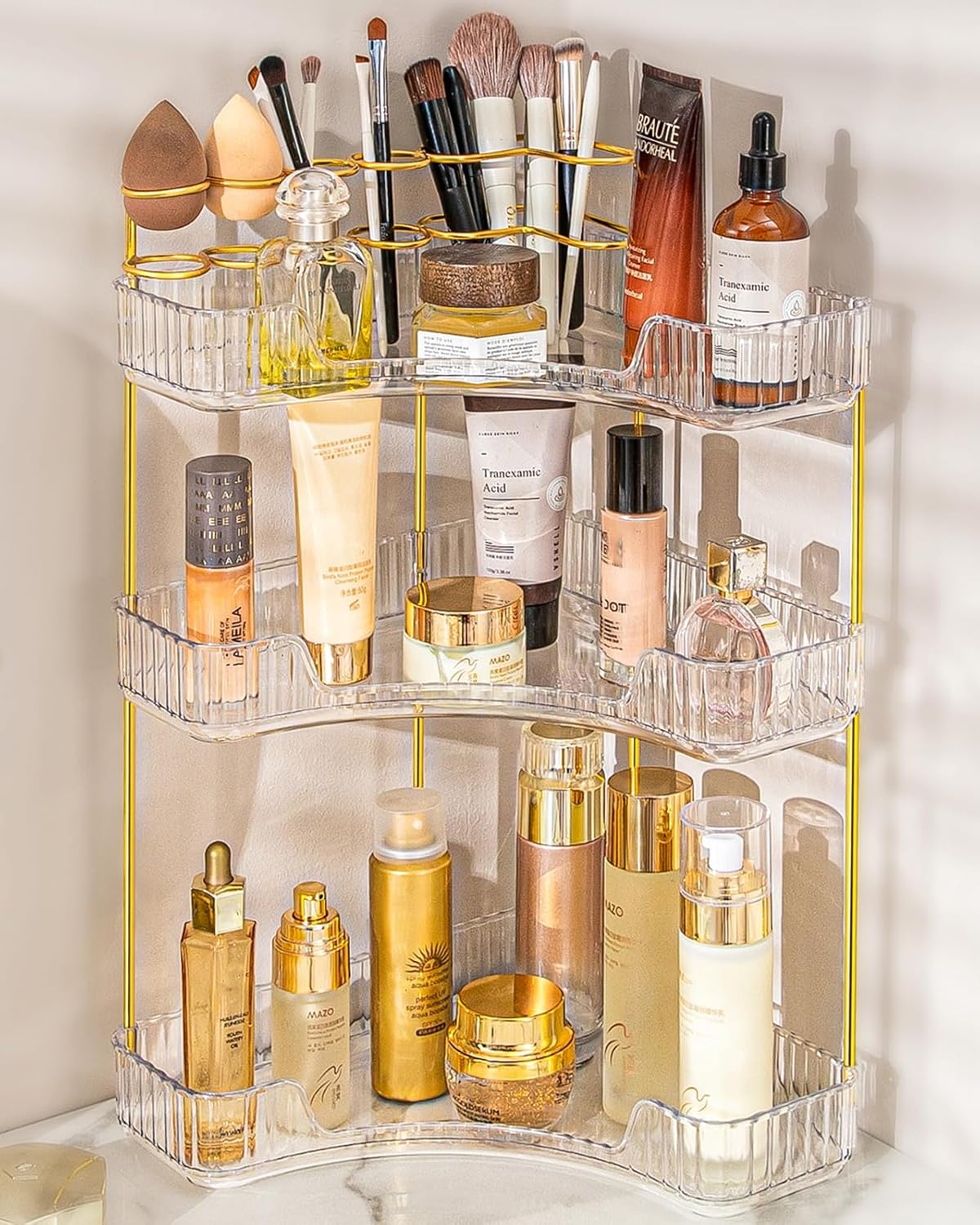 nature's source makeup organizer for vanity, 3-tier corner bathroom organizer countertop with makeup brush holder, corner counter storage for bathroom, dresser, kitchen?clear clear 3-tier