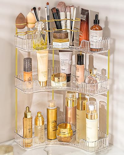 NATURE'S SOURCE Makeup Organizer for Vanity, 3-Tier Corner Bathroom Organizer Countertop with Makeup Brush Holder, Corner Counter Storage for Bathroom, Dresser, Kitchen（Clear