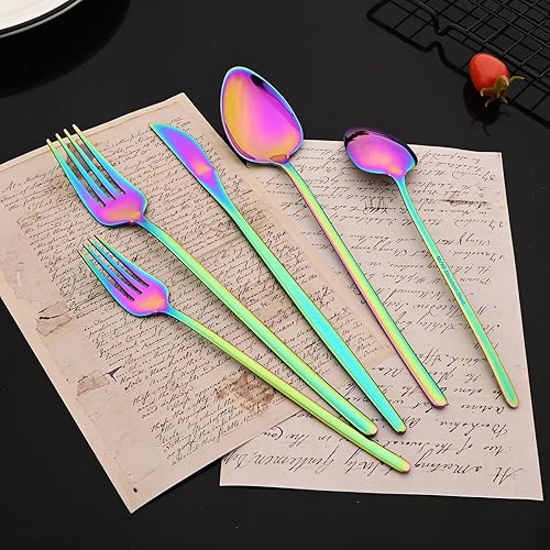 Miniatura 2 de JASHII Juego de cubiertos de lujo con diseño de arcoíris brillante, acero inoxidable 1810, utensilios de cocina iridiscentes para 4, pulido con