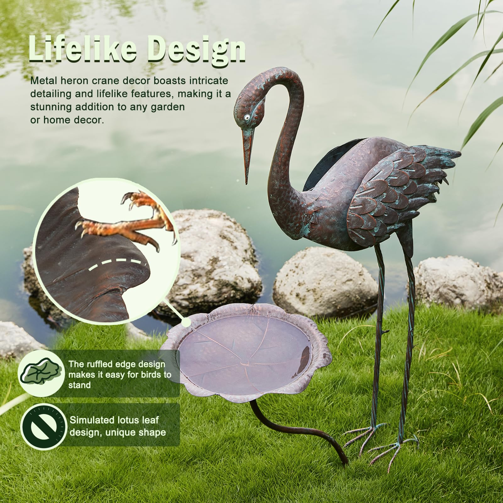 Kranich-Vogeltränke aus Metall, 91,4 cm hoch, Vogeltränke für den Außenbereich, Vogelfutterspender für den Außenbereich | Reiher-Gartenstatuen mit Vogeltränke, Vintage-Vogeltränke für Garten, Terrasse, Rasen-Dekoration