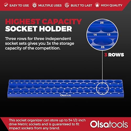 Miniatura 2 de Olsa Tools Organizador magnético de enchufes (unidad de 12 pulgada, 3 filas) - Organizador magnético de herramientas y soporte de enchufes -