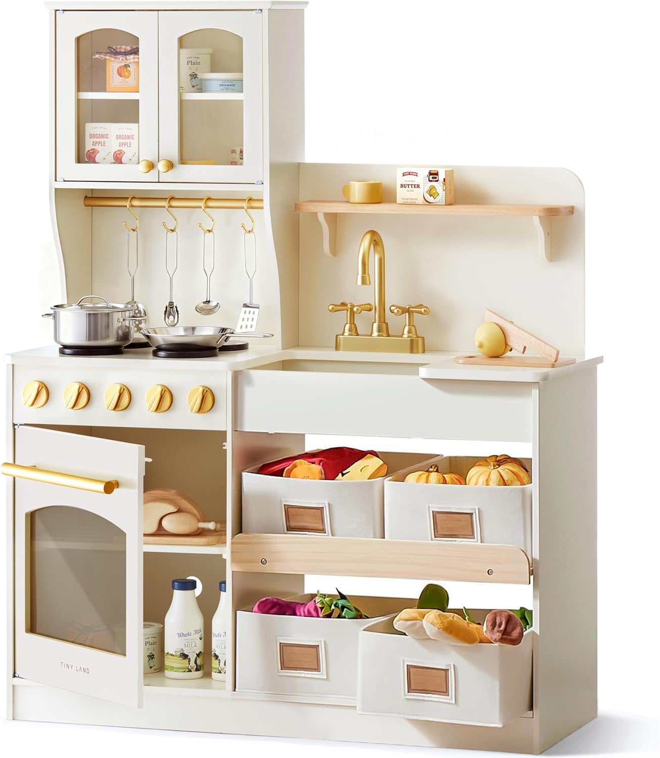 Tiny Land Play Kitchen for Kids, Wooden Toy Kitchen Set with Storage & Accessories, Toddler Kitchen Playset with Stove & Sink, Kids Kitchen Playset Gift for Ages 3-8 White