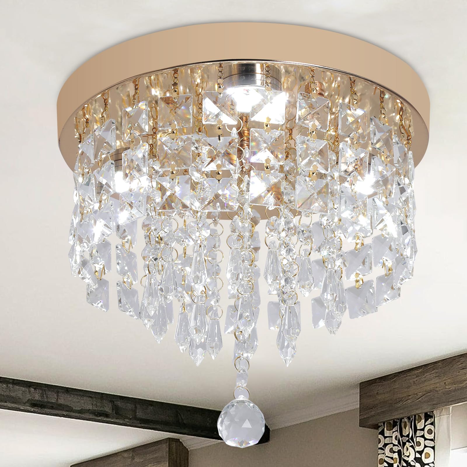 Deckrico Lámpara de Techo LED Dorada con Cristales, Luz Blanca, Moderna para Recámara, Baño, Clóset o Pasillo