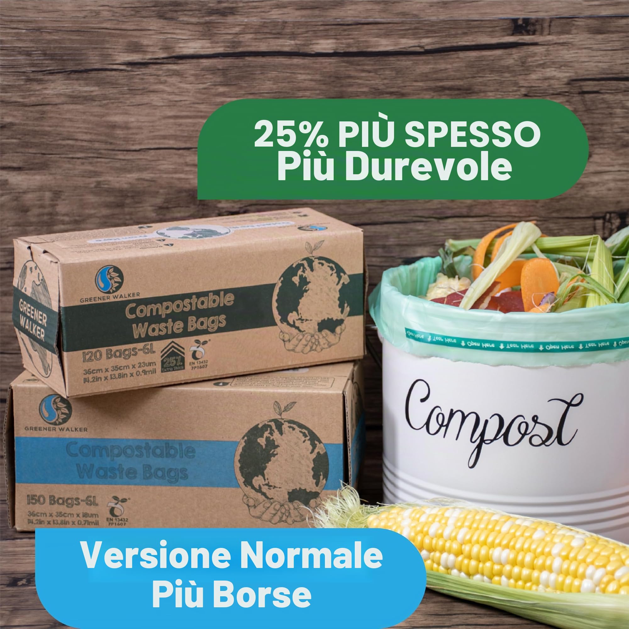 Greener Walker 25% extra spesso compost biodegradabile 6L/10L/30L sacchi per Rifiuti Alimentari da Cucina(10L-120 Sacchetti)