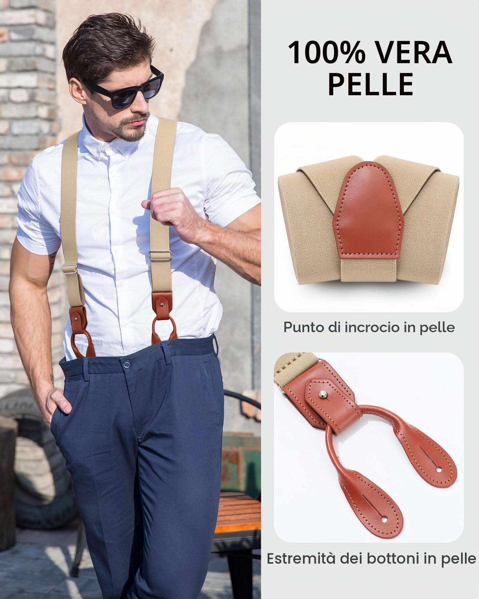 Kajeer Bretelle Uomo in Pelle Genuina - Bretelle a Bottone per Pantaloni Elastiche Regolabili a Forma Y per Matrimonio, Festa e Affari