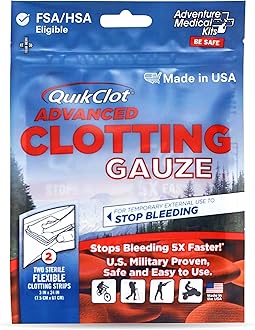 Adventure Medical Kits QuikClot Advanced Clotting Gauze - Stops Bleeding Up to 5X Faster Than Standard Gauze - Kaolin Hemostatic Dressing - for First Aid Kits & Survival Gear - 3 x 24 (2 Strips)