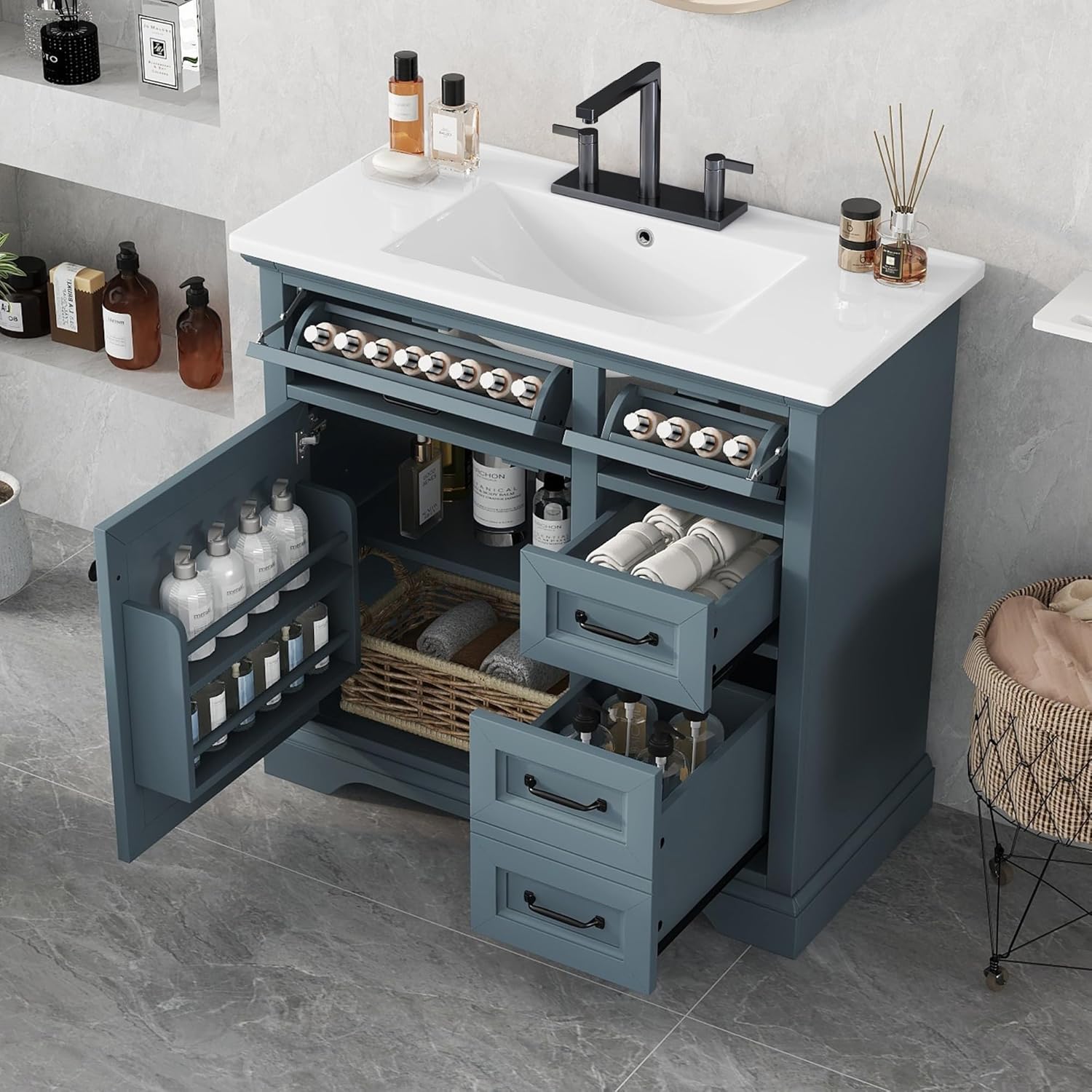 36" Bathroom Vanity with Sink, 2 Tip-Out Drawer, Soft Closing Door, 2 Drawers and Door Shelf, Wood Modern Single Bathroom Sink Cabinet, Freestanding, Blue Grey
