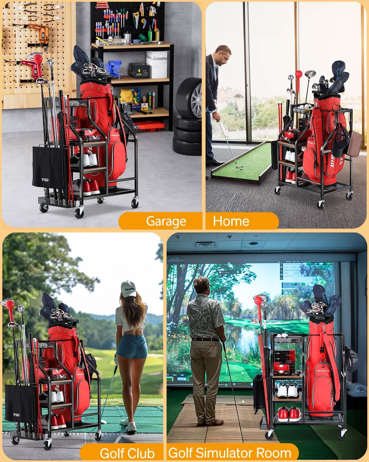 EXTCCT Organizer per borse da golf, supporto per borse da golf, accessori per attrezzature da golf, rack con ruote, mazze da golf, organizzatori per attrezzi da golf