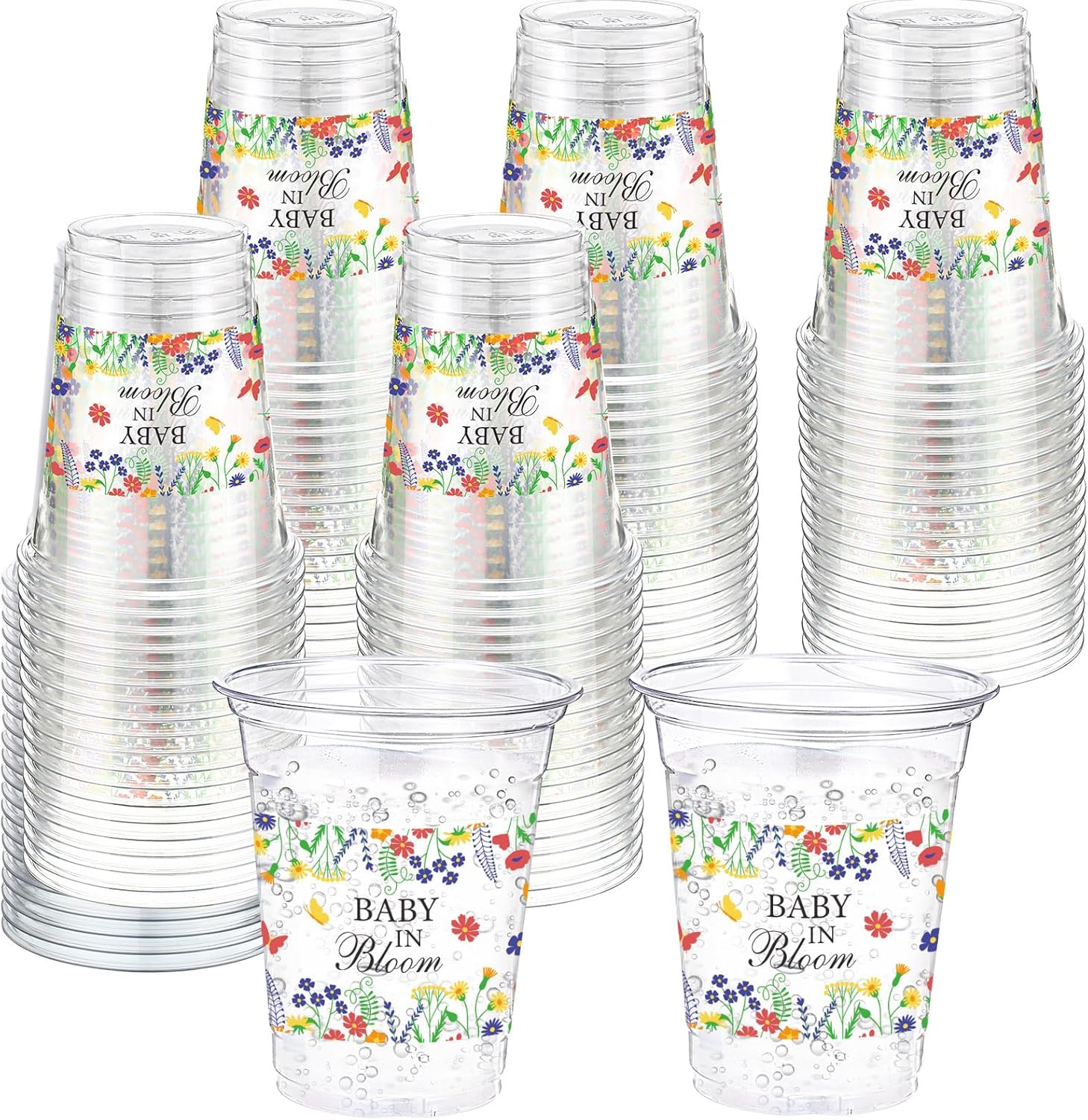 60 Pack Wildflowers Plastic Cups 12 oz Floral Botanical Disposable Clear Plastic Drinking Cups for Summer Spring Birthday Wedding Bridal Baby Shower Party Decoration Supplies
