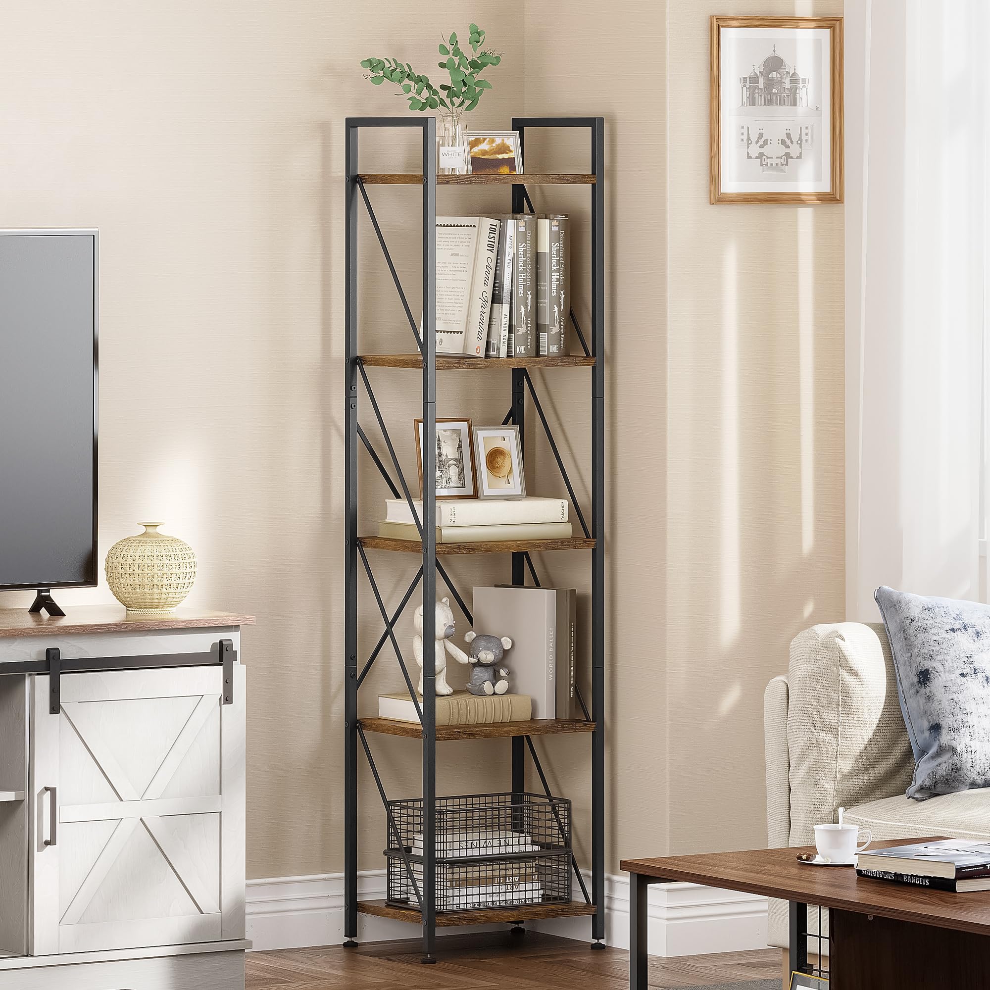 Libreria a 5 ripiani YITAHOME - Libreria angolare indipendente - a L - per soggiorno - Marrone vintage | Leroy Merlin