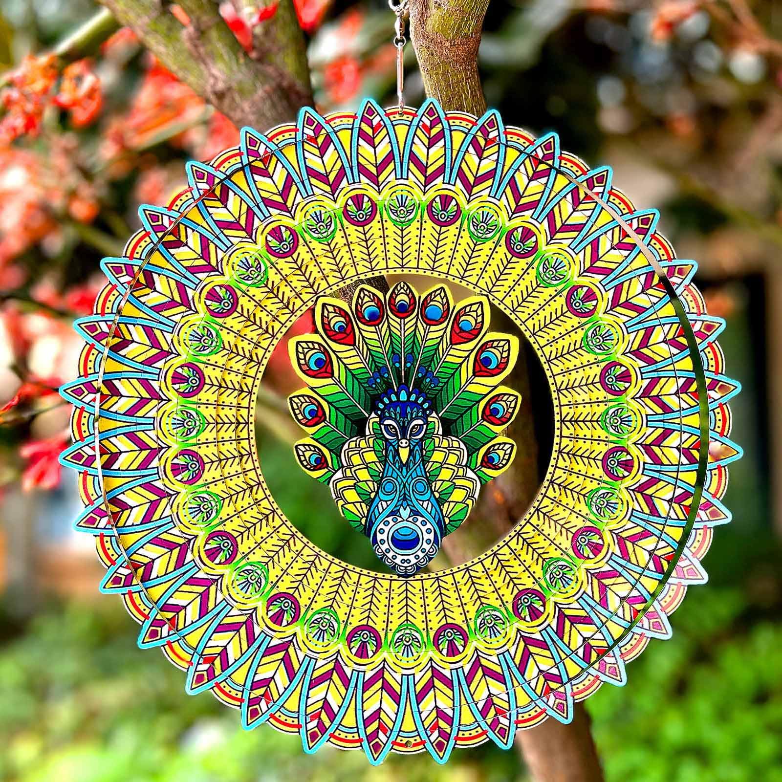 Wind Spinner Colorful Peacock 12 inch 3D Stainless Steel Laser Cut Metal Double Sided Printing-Hanging Indoor/Outdoor Decorations Yard Gardening Decor,Metal Kinetic Art Ornament Gifts
