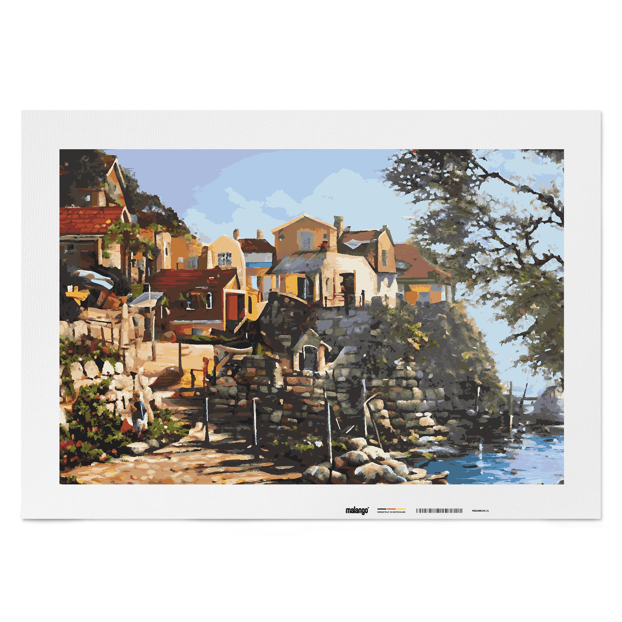 Malen nach Zahlen Erwachsene - Fischerdorf am Mittelmeer 90 x 60 cm groß XL Premium-Malset ohne Rahmen, Hergestellt in unserer Produktion in Deutschland, Kreative