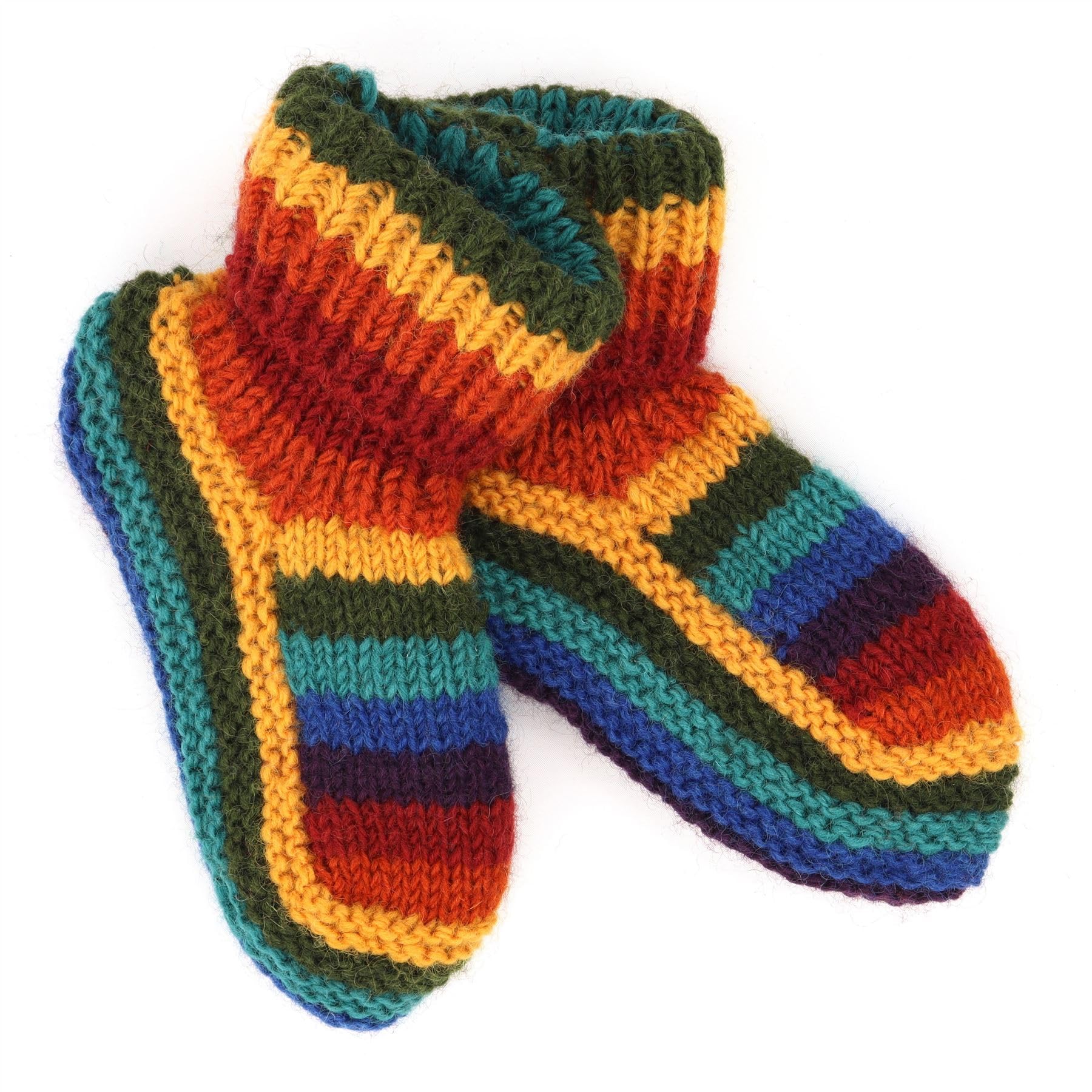 LOUDelephant Hand Knitted Wool Slipper Socks - Stripe Dark Rainbow