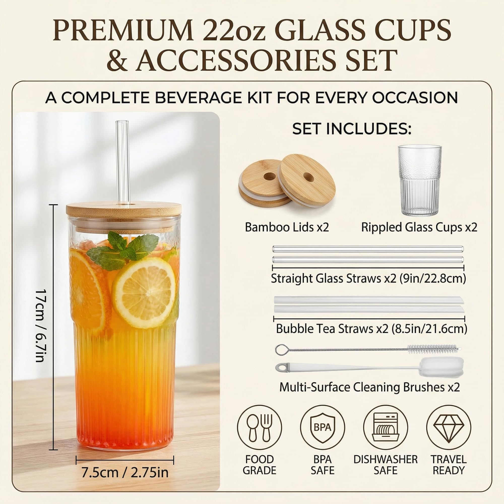 VITEVER 2 vasos de agua de cristal transparente a rayas con tapa, vasos acanalados, vasos de café helado, juego de vasos largos, vasos de cristal, vasos de té de burbujas (22 oz)