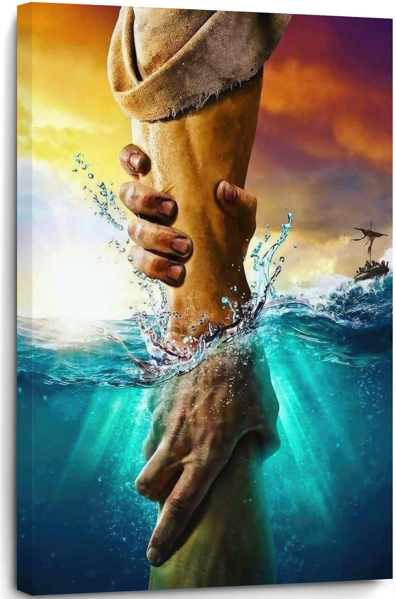 framed jesus christ canvas wall art the hand of god jesus reaching into water christian painting prints biblical wall decor religious room decor for church prayer room schools hospitals 24'' x 36''