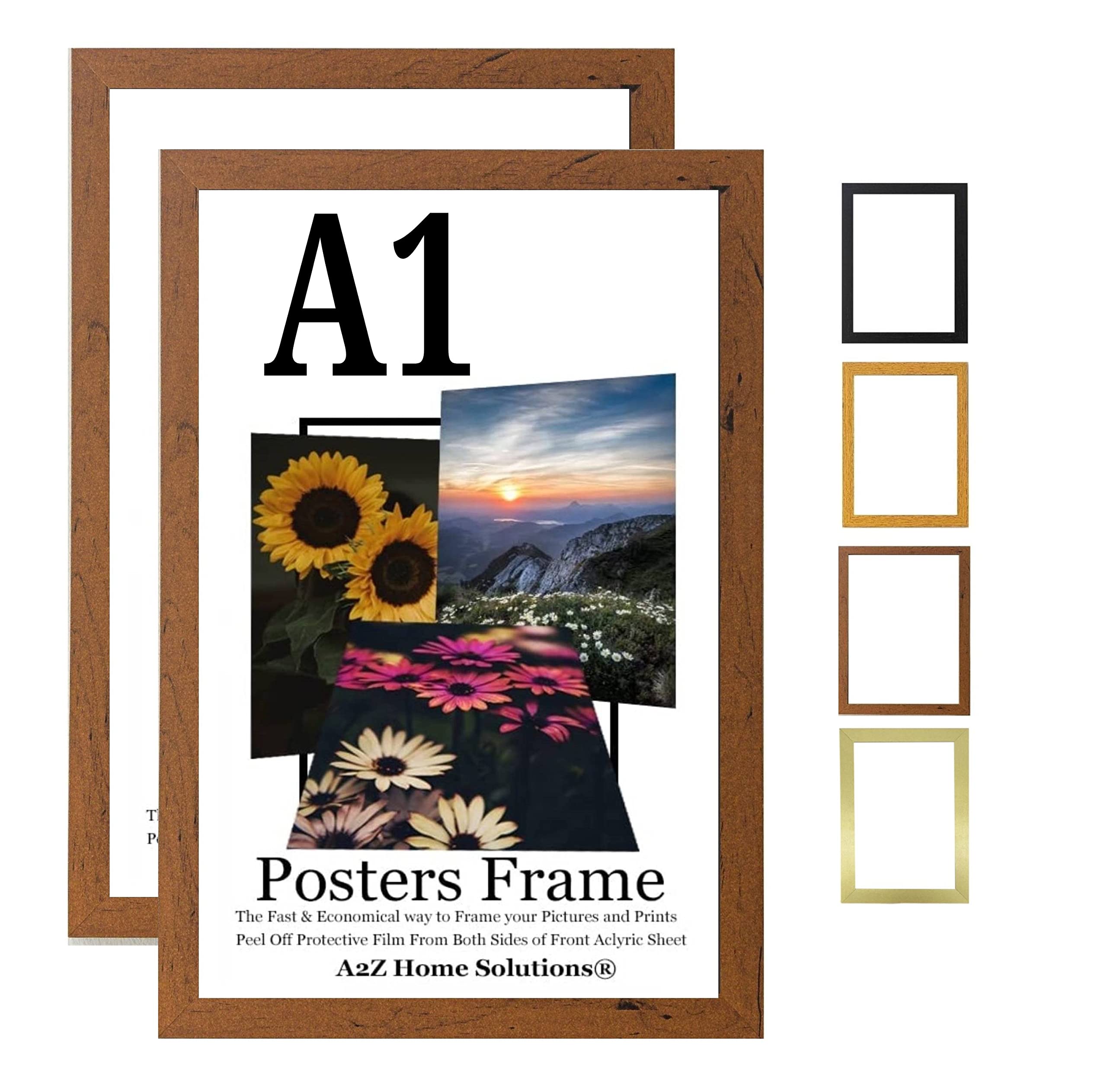 A2Z Home Solutions® Multipack Walnut A1 Poster Frames 59.4 x 84.1 cm With Safe Clear Perspex Front & Wall Mounting A1 Frames In Multiple Colors MDF Backboard Portrait or Landscape (2)