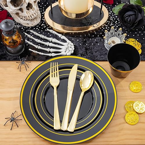 Miniatura 7 de Platos y tenedores plásticos para postre de brillantina dorada para invitados, platos para postre desechables de 6.5 pulgadas y tenedores pequeños,