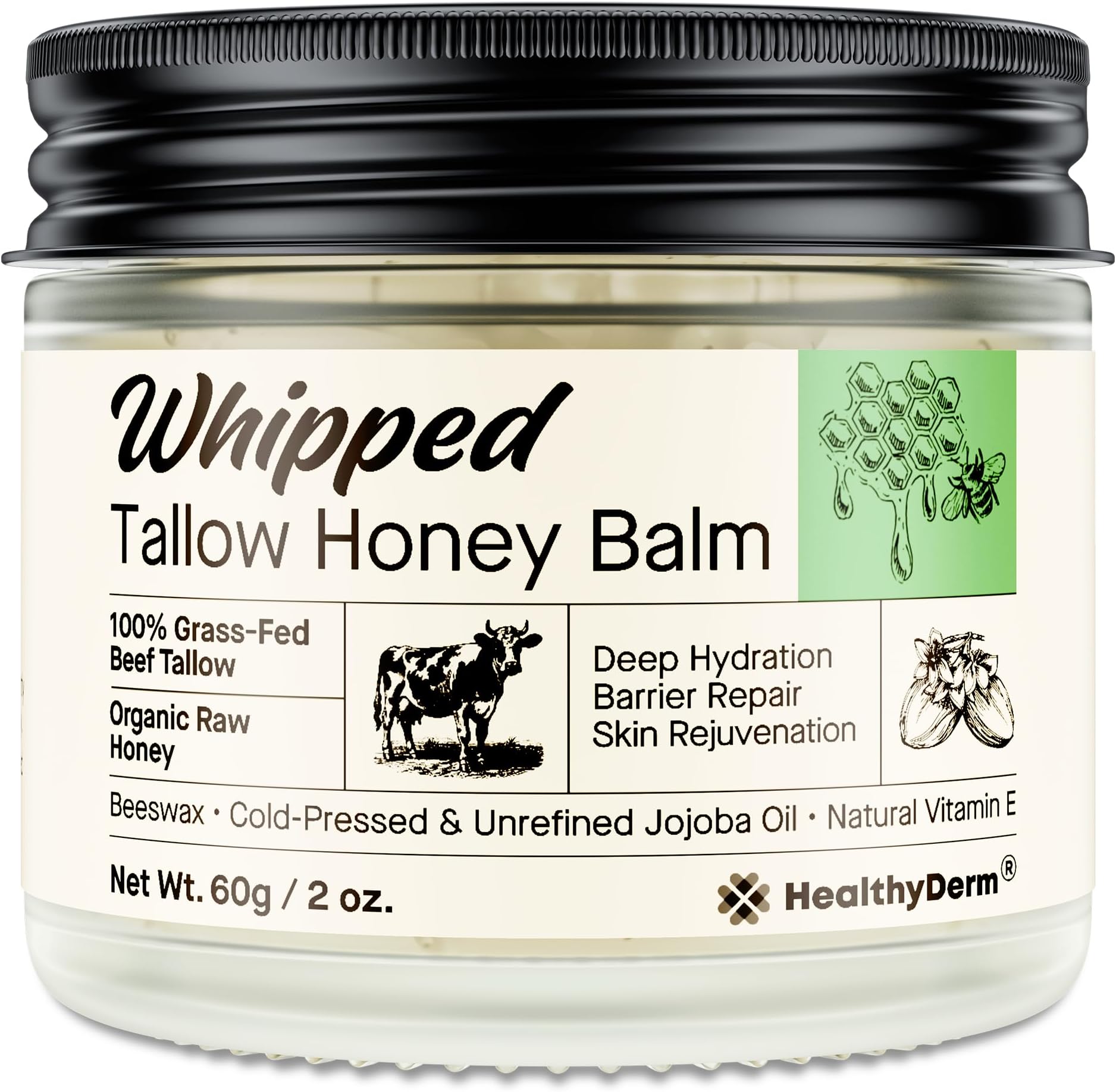 Beef Tallow Honey Balm for Skin: 100% Grass Fed Whipped Organic Moisturizer with Organic Raw Honey, Jojoba Oil, Vitamin E – Natural Face and Body Care for Mature, Dry or Sensitive Skin, 2oz