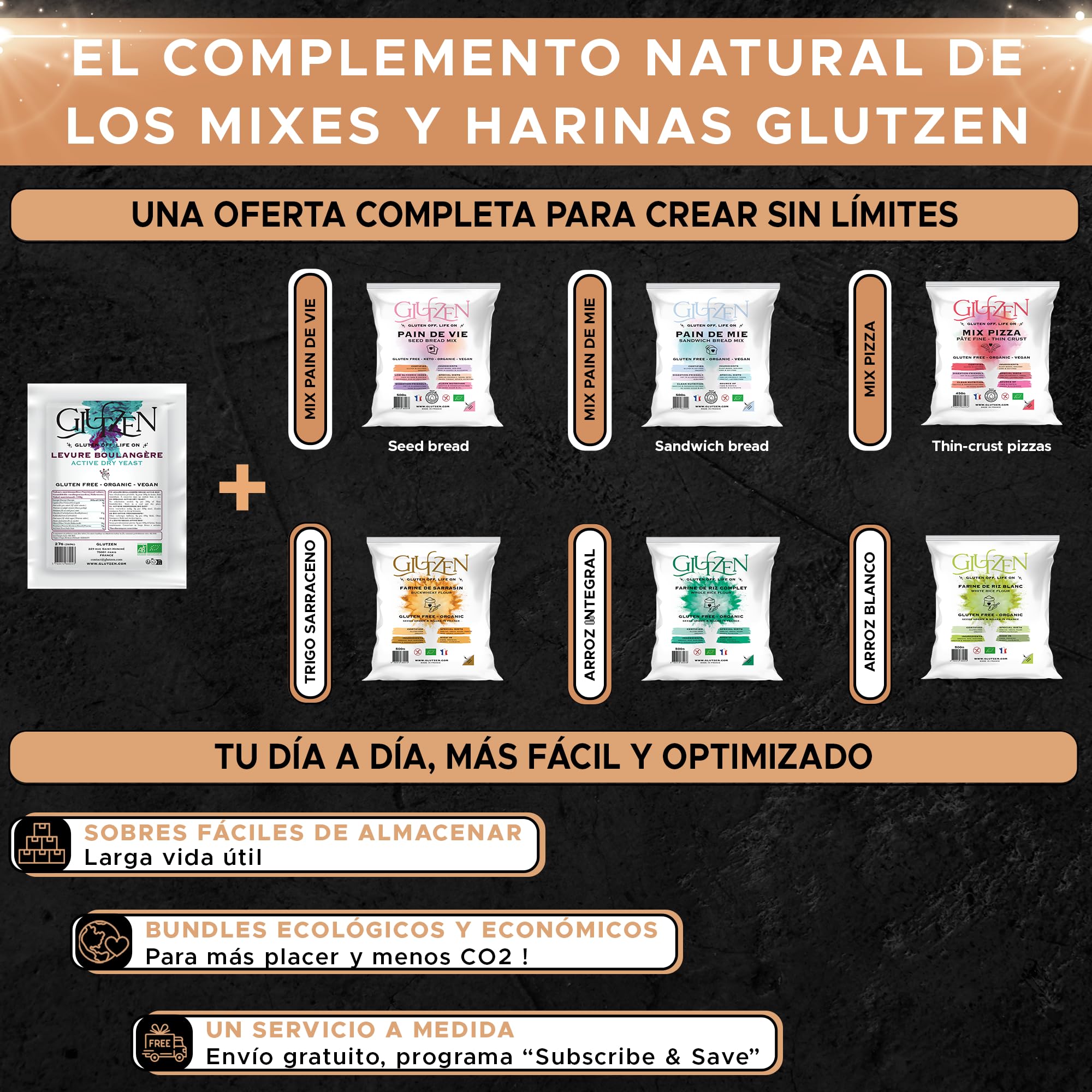Levadura Seca Instantánea Sin Gluten Bio GLUTZEN 6x9g Activa para Pan y Pizza