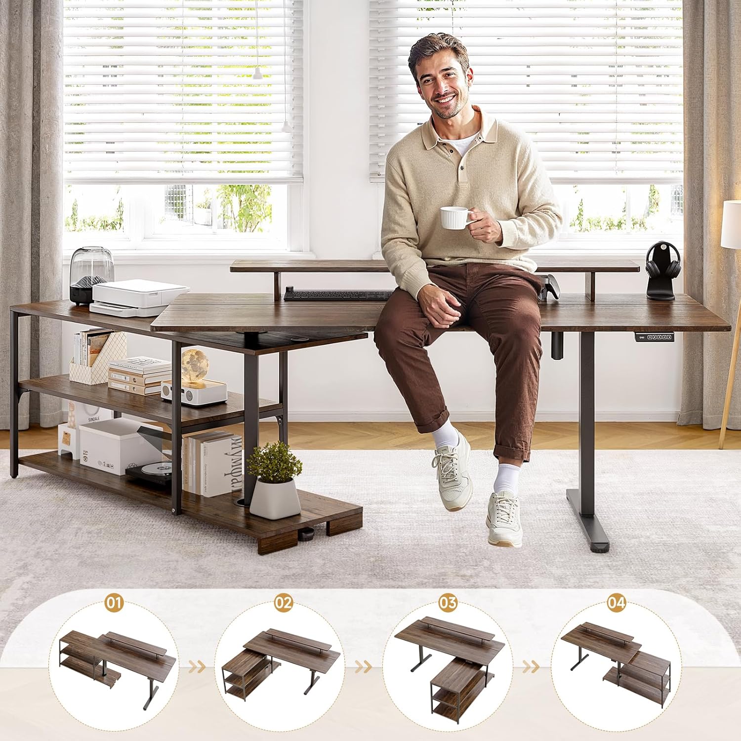 ONBRILL L Shaped Standing Desk with File Cabinet, 55x24'' Electric Stand Up Desk with Monitor and Storage Shelf, Adjustable Height 28-46'' for Home and Computer Workstation, Walnut