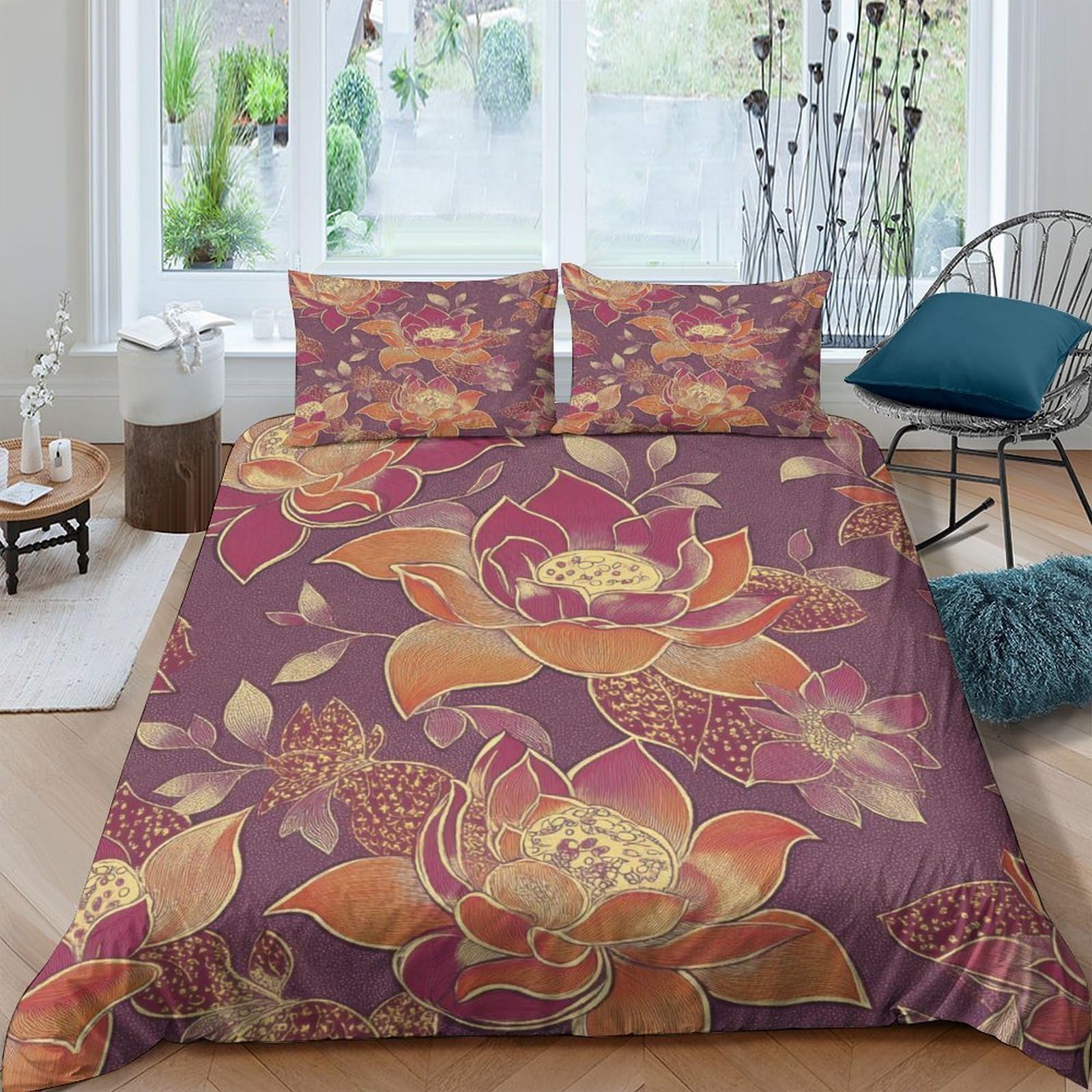 Ctjqhvkz Style-5 3D Printed Lotus Floral Fitted Sheet Microfiber Orange Purple Blossom Bed Cover For Bedroom Guest Room Decor Single（135X200cm）
