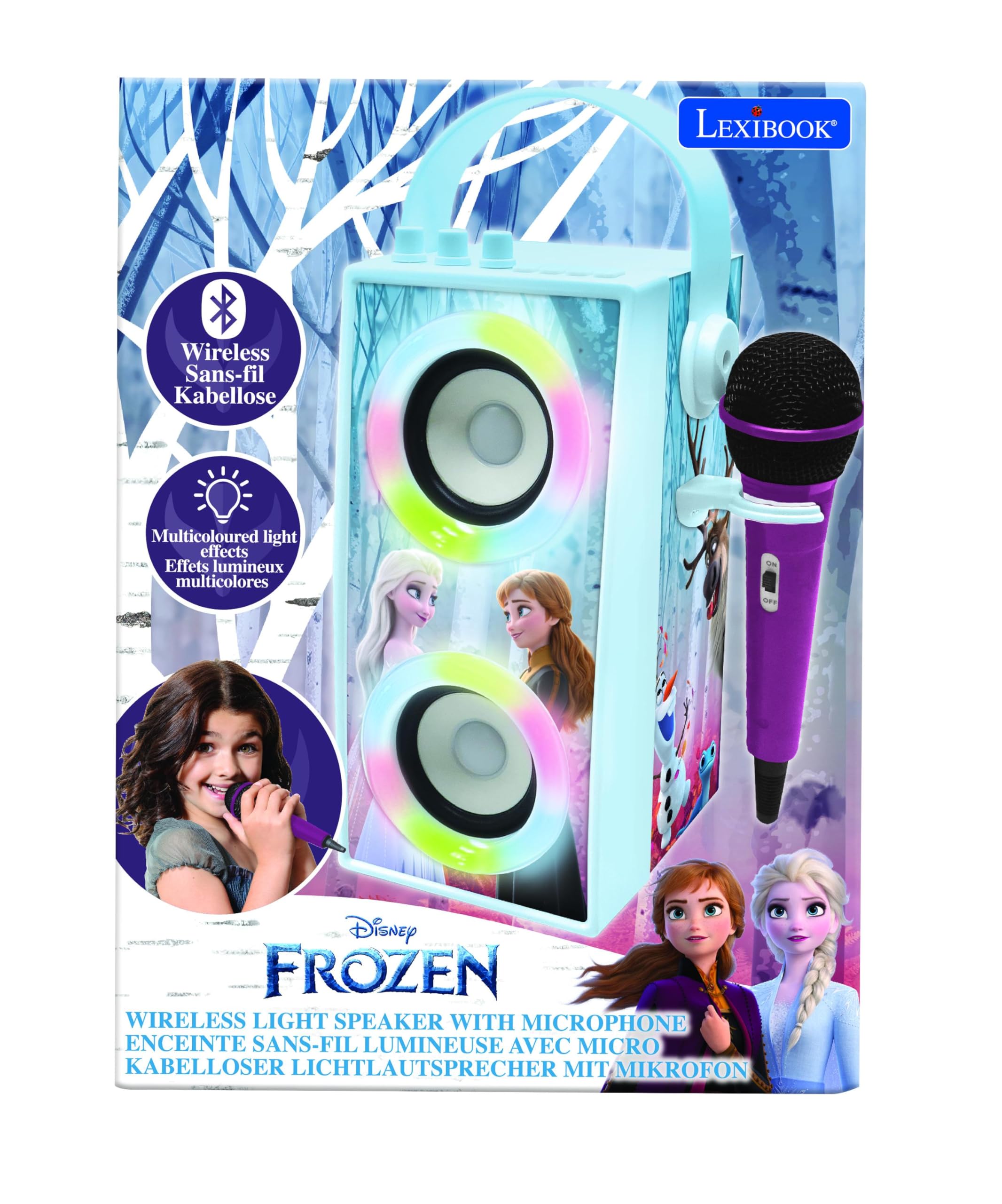 Lexibook Disney Frozen Altoparlante Bluetooth portatile con microfono, karaoke, luce, USB, batteria ricaricabile, blu/viola, BTP180FZZLXB