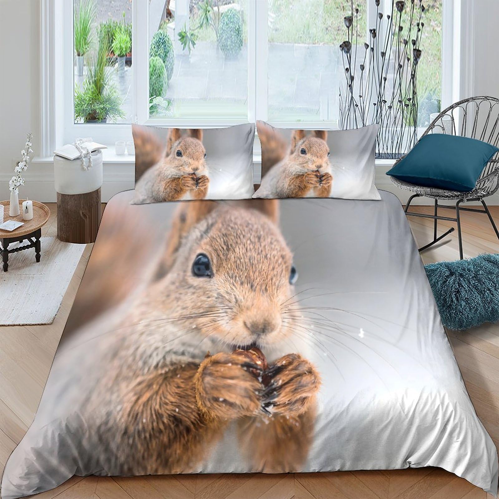 Ctjqhvkz Style-2 3D Printed Squirrel Animal Fitted Sheet Microfiber Soft Grey Forest Mattress Cover For Bedroom Guest Room Decor Single（135X200cm）