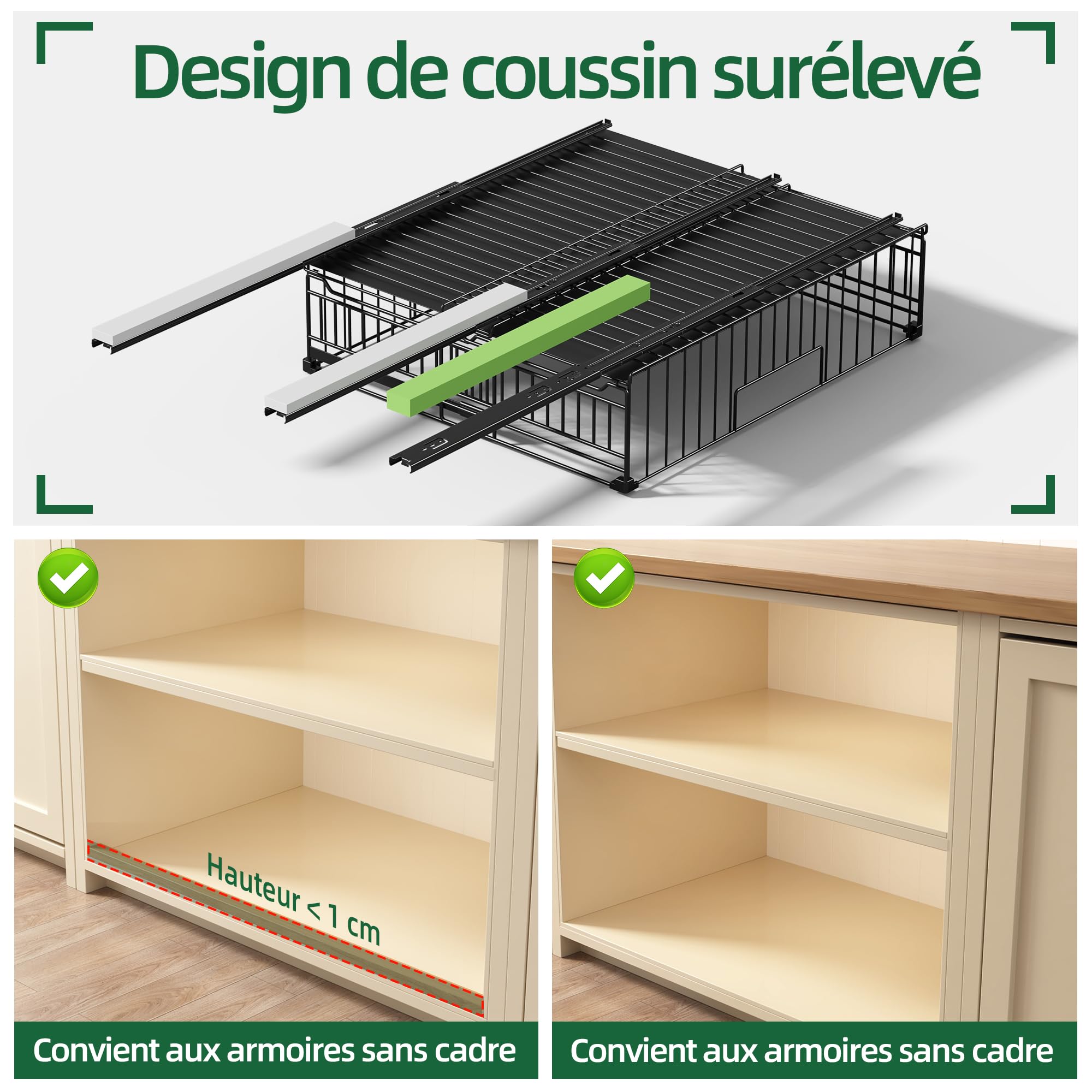 NETEL Lot de 2 tiroir coulissant cuisine extensible,organisateur placard cuisine,plateau coulissant pour placard,Fixation Autocollante ou par Vis,33-51L x 38P x 17H cm,Noir
