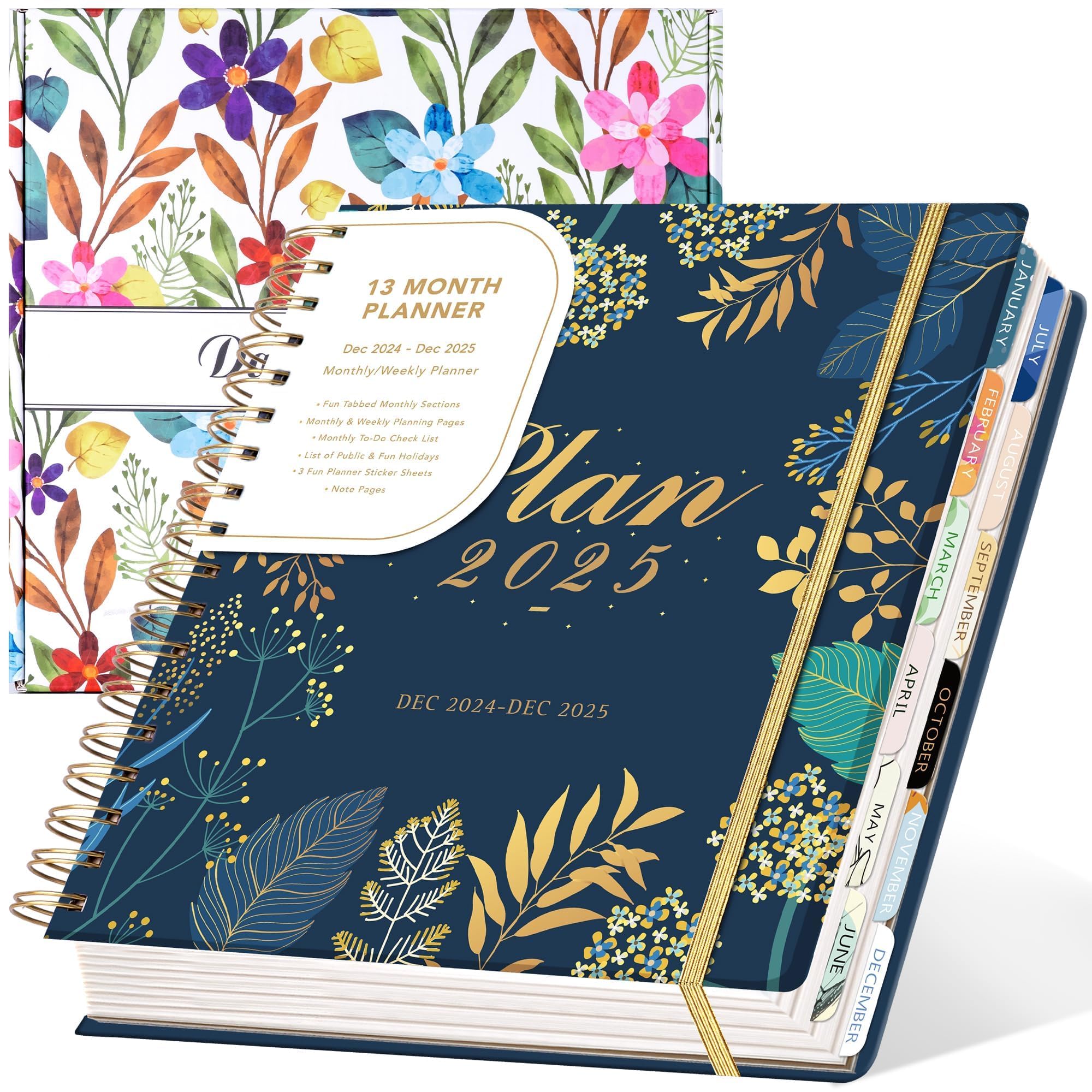 2025 Hardcover Planner Weekly and Monthly, Dec 2024–Dec 2025, Large Spiral Bound Planners 2025 for Women Gifts, 8.3" x 9.3",13 Month Calendar with 13 Tabs, 3 Sticker Sheets, Blue