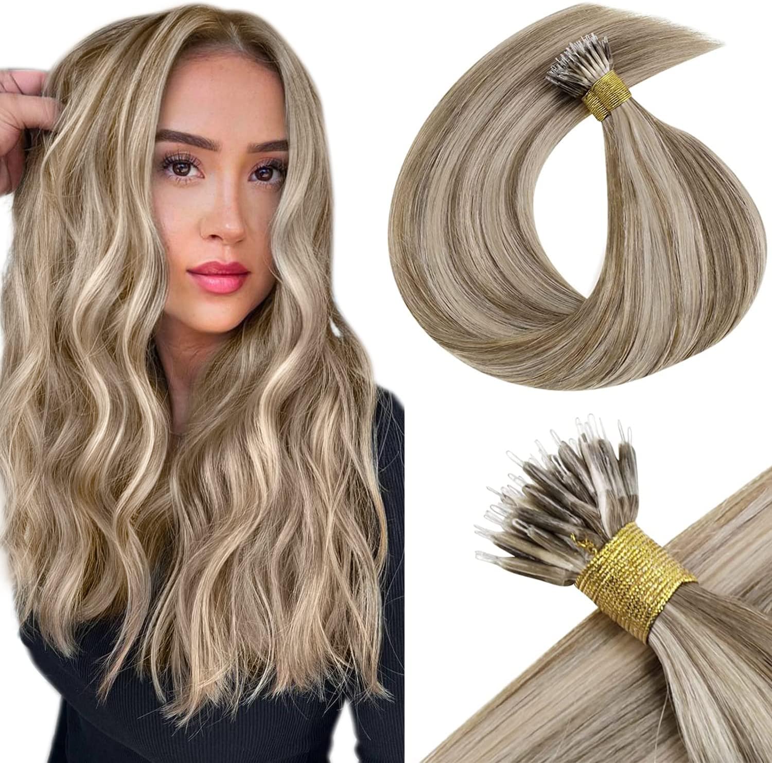 LaaVoo Nano Ring Hair Extensions Real Human Hair Light Brown and White
