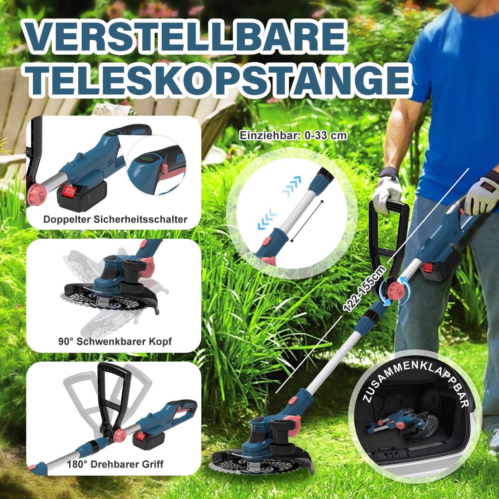 Rasentrimmer mit Akku für Makita Akkus, 2 in 1 Rasentrimmer/Kantenschneider, 21V Freischneider Akku mit 2 x 4.0Ah Akkus & 5 Klingentypen, Rasentrimmer mit Unkrautbürste für Garten