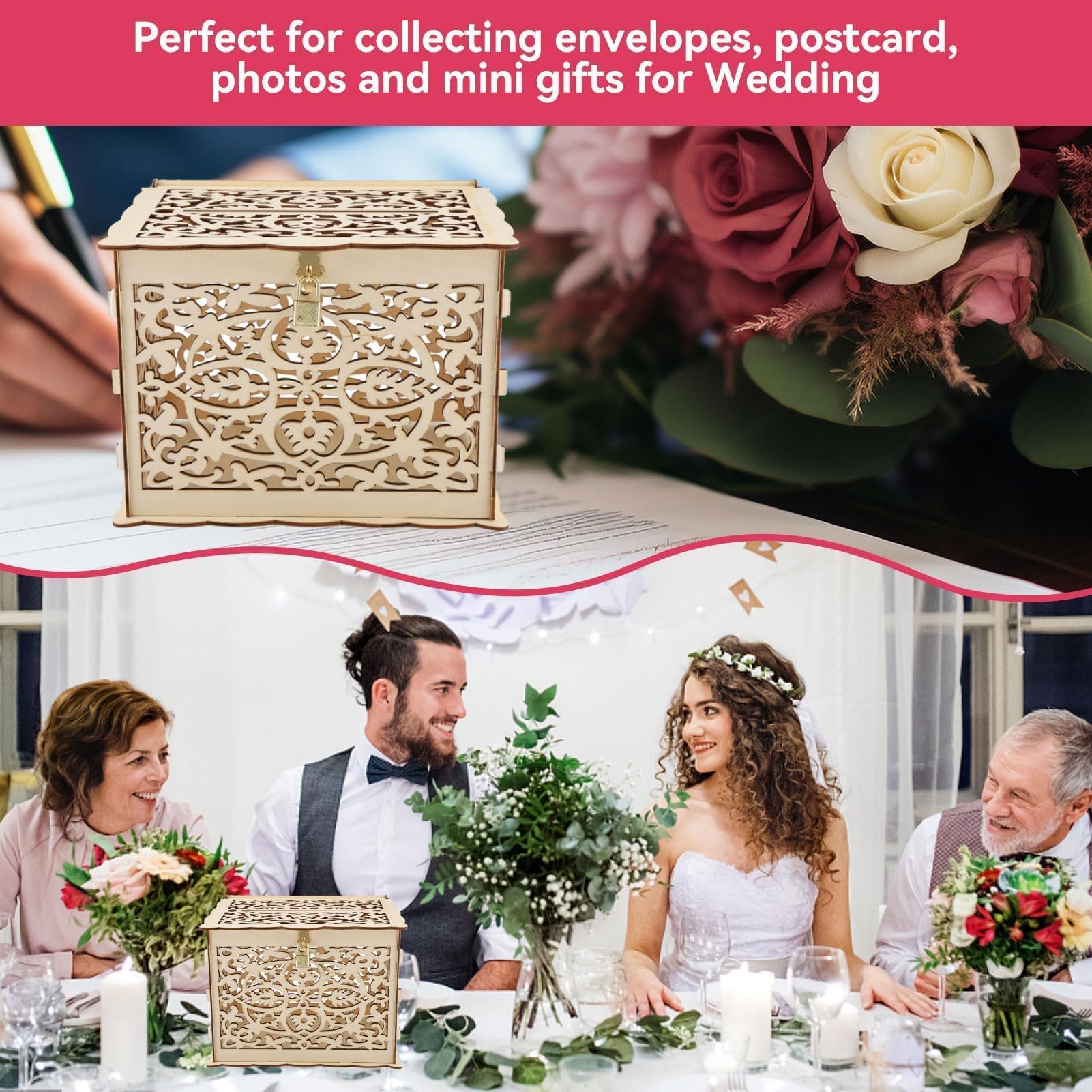 HERCHR Porta Buste di Carte di Nozze in Legno con Coperchio e Serratura, Porta Buste per Ricevimento Matrimonio Anniversario con Serratura