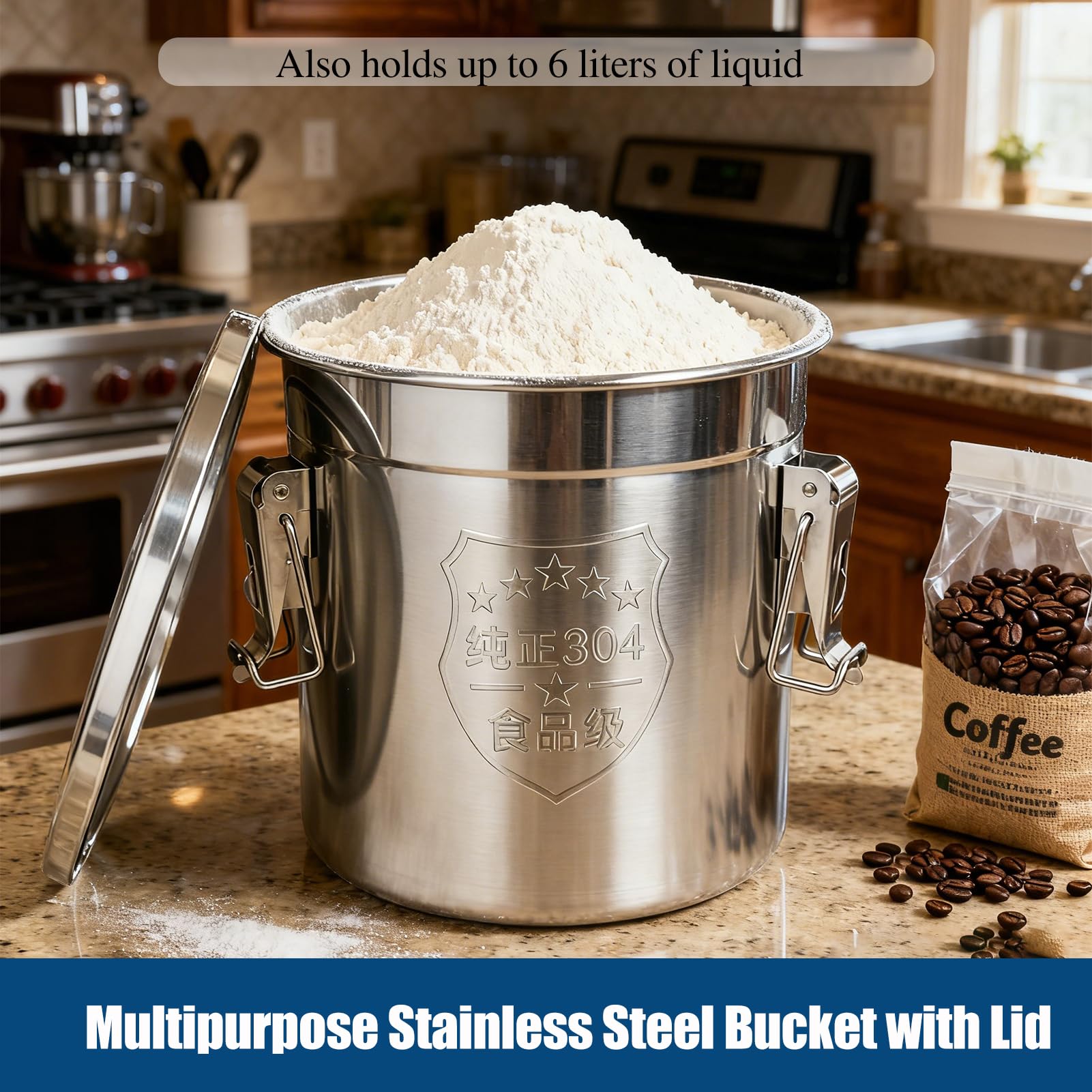 Luftdichter Behälter aus 304er Edelstahl für die Küche, 1,6 l Edelstahl-Frischhaltedosen mit Deckel und stabiler Verschlussklemme, luftdichte Behälter für Mehlkörner, Kaffee, Bohnen, Zucker, Tee, 6 l