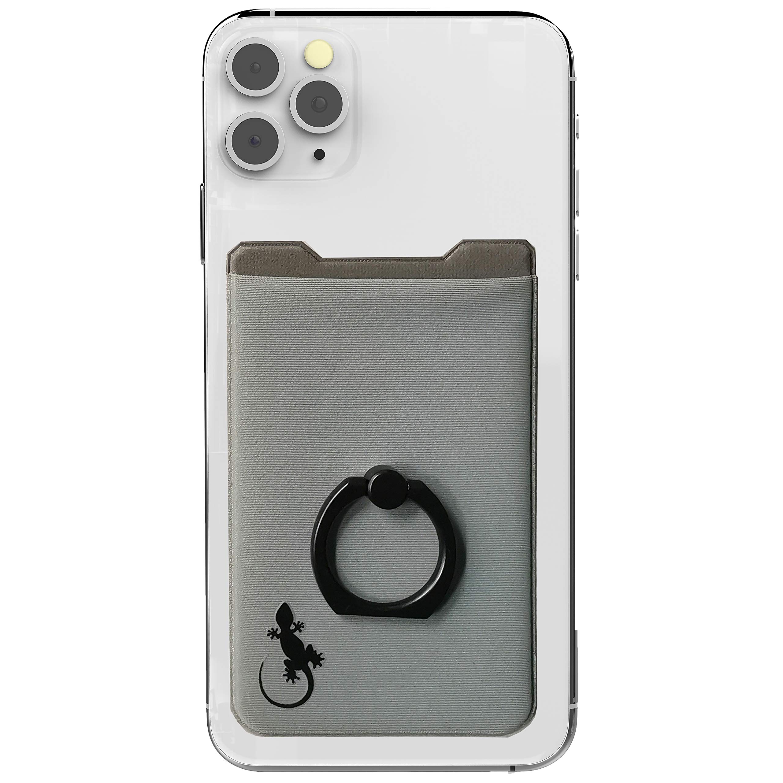 Phone Card Holder with Phone Ring, Gecko Ring Wallets Combine a Finger Grip, Phone Ring Stand & Credit Card Sleeve into Thin Phone Wallets Stick On Universal to Any Cell Phone (Gray Black)