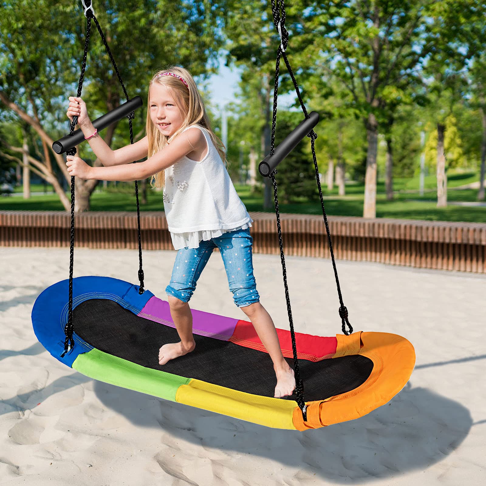 GOPLUS Höheverstellbare Schaukel bis 150 kg belastbar, Gartenschaukel für Erwachsene oder Kinder, extra breiter Sitz für Mehrkind, ahmen aus Stahl, Kinderschaukel für Innen und Außenbereich (Bunt)