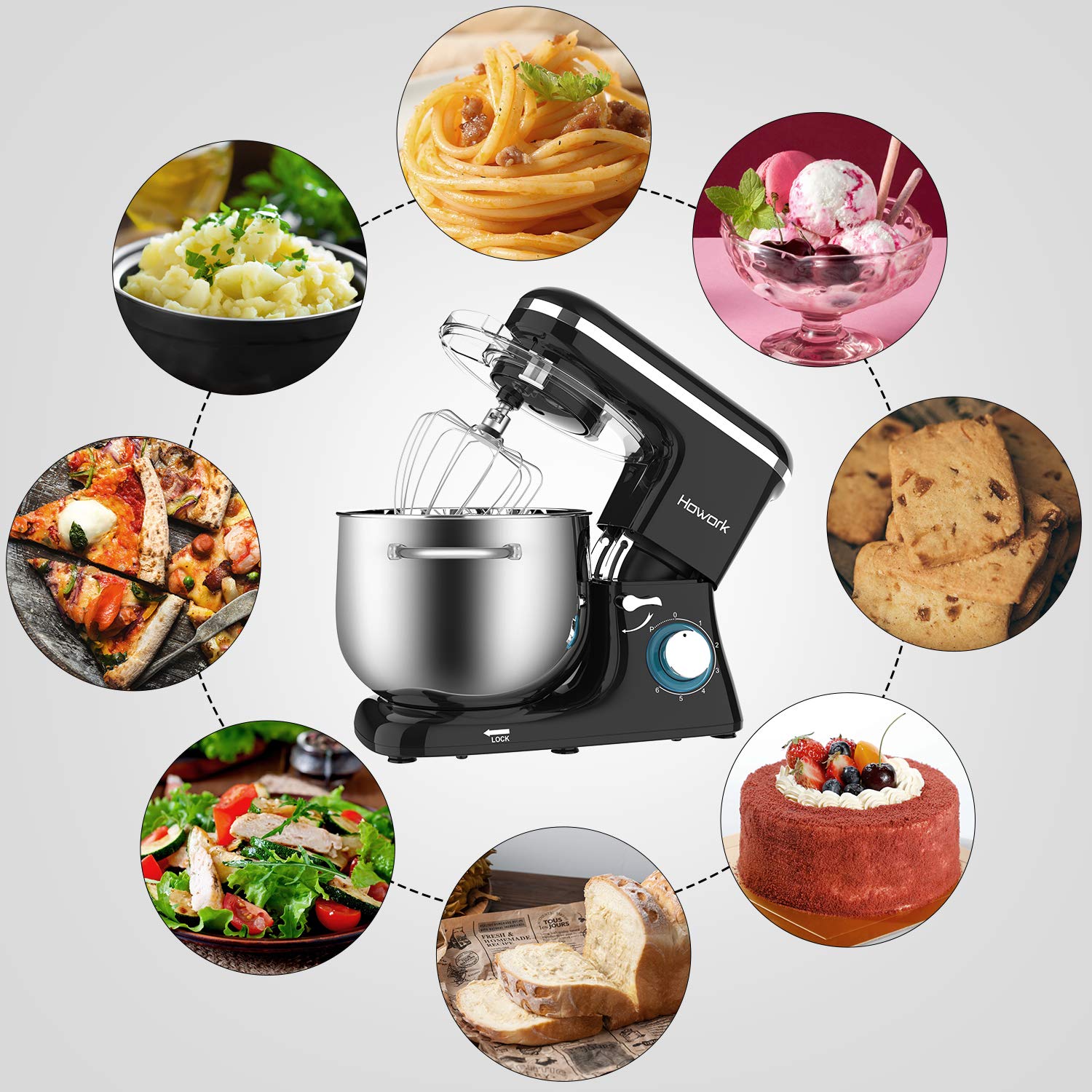 HOWORK Impastatrice Planetaria 1500W 8Litri 6 Velocità Robot da Cucina con uncino impastatore e mescolatore in alluminio, frusta in acciaio INOX, coperchio paraschizzi, Nero
