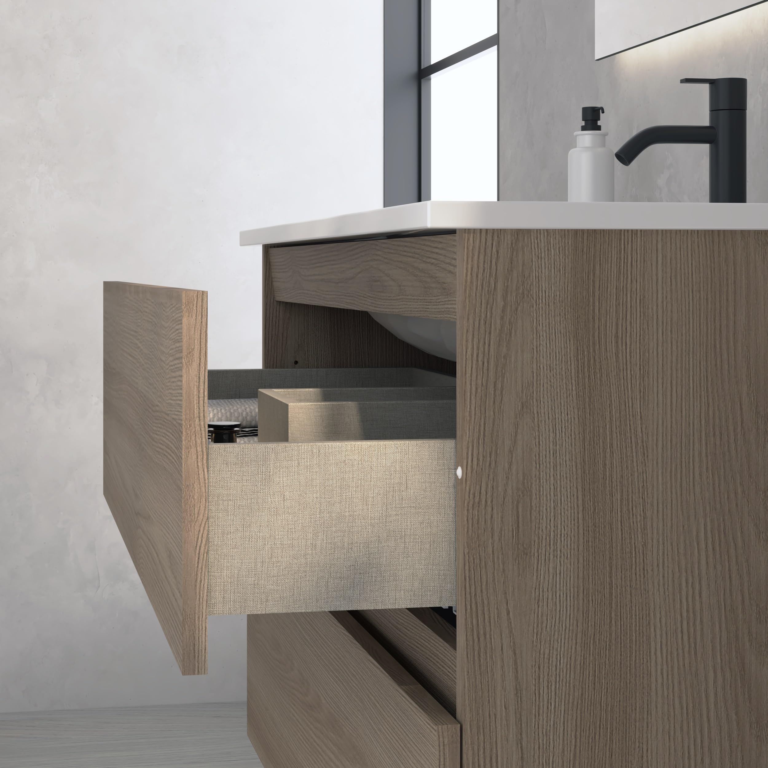 EstiloBaño - Aurora | Conjunto Mueble de Baño SUSPENDIDO con 2 Cajones + Lavabo | Disponible 60-80-100 + Blanco - Nogal 【Ancho 60】 【Nogal】