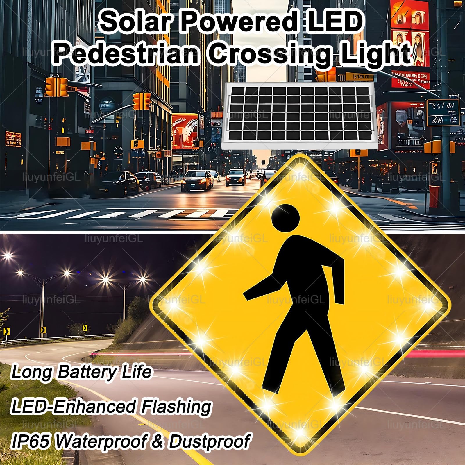 Señal Solar LED Intermitente para Paso de Peatones, 24x24 30x30 Pulgadas IP65 Aluminio Impermeable para Zonas Escolares y Vías Urbanas 24in