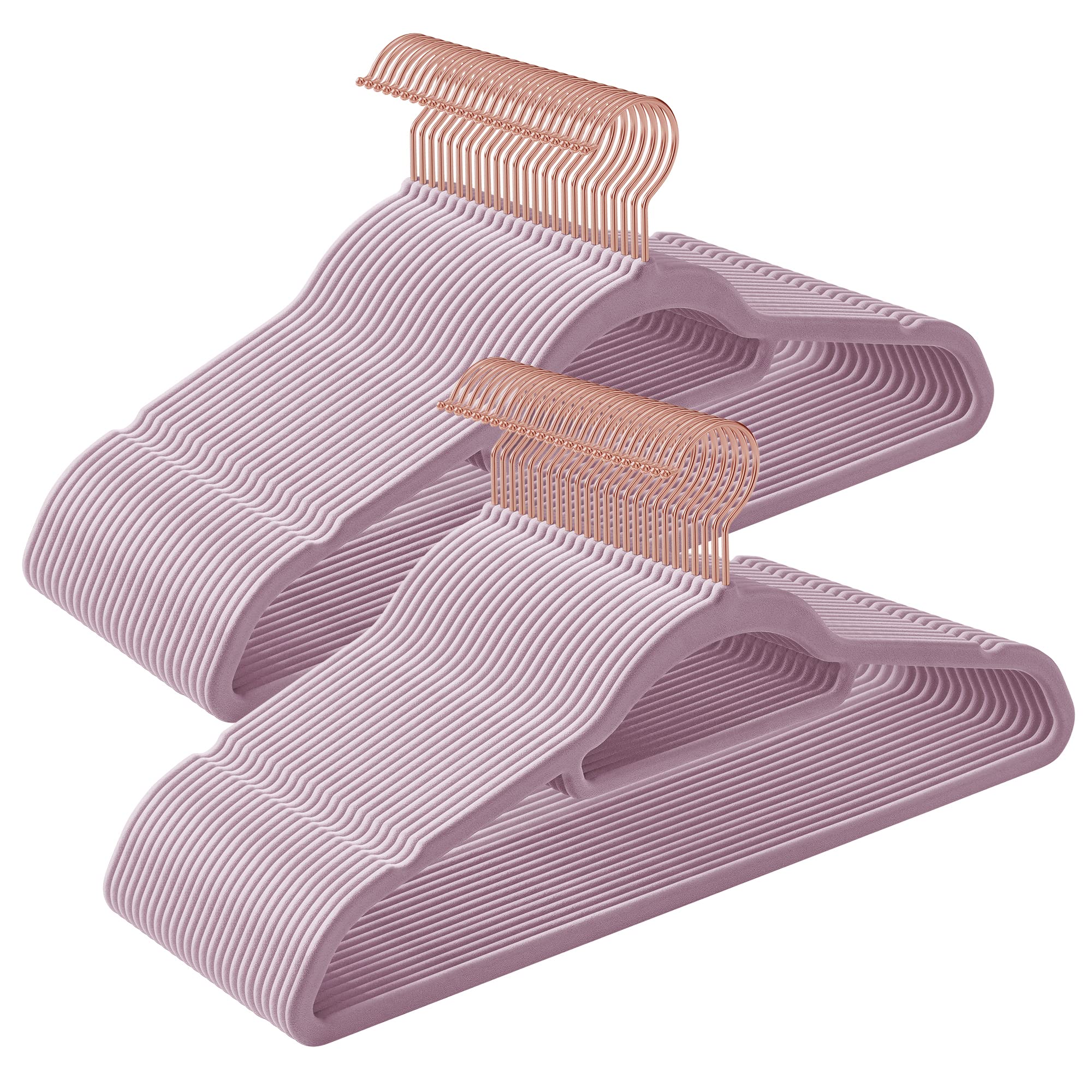 SONGMICS Velvet Hangers, Set of 50 Clothes Coat Hangers, Non-Slip, with Tie Bar and 360° Swivel Hook, Space-Saving, 43.5 cm Long, for Dresses Trousers, Rose Gold and Lavender Purple CRF021GP50
