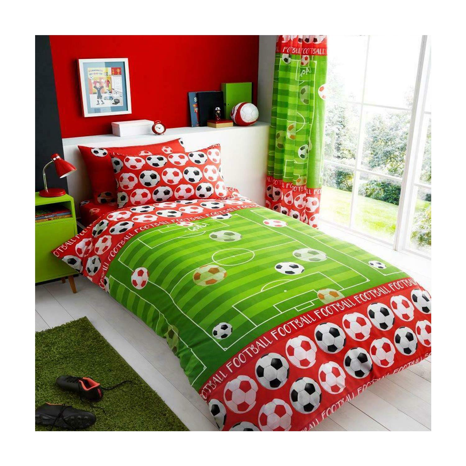 New Cartoon Print Curtains Pair for Children Bed Foot Ball Rotary Pair Window Curtains 66" x 72" for Bedroom Door Colorful Designs Ready Made Ring Top for Kids, Goal Red