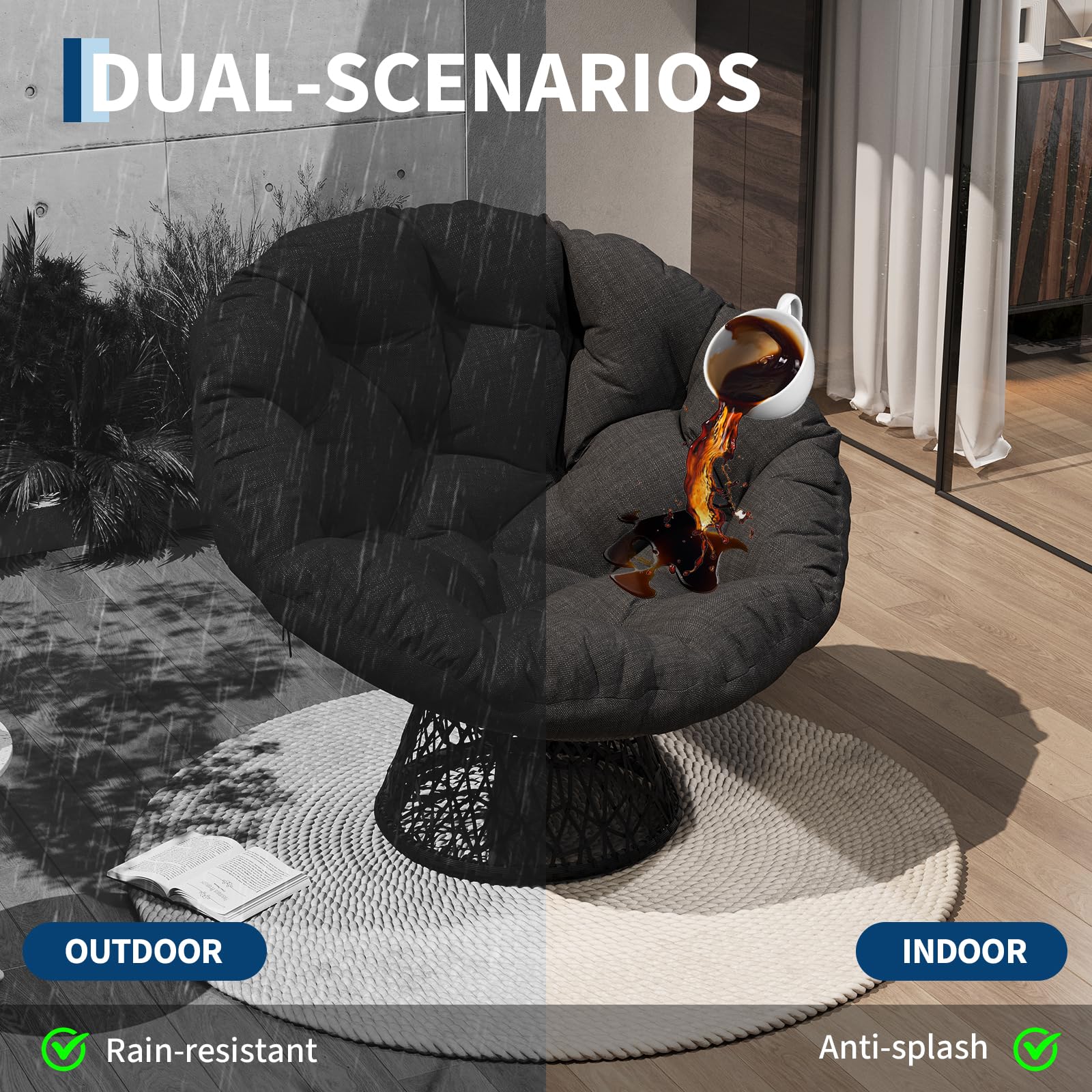 GarveeHome Ergonomischer Papasan Sessel aus Rattan mit dickem Komfortkissen, stabilem Stahlrahmen & 360° Drehfunktion – Perfekt für Wohnzimmer, Schlafzimmer, Leseecke oder Lounge