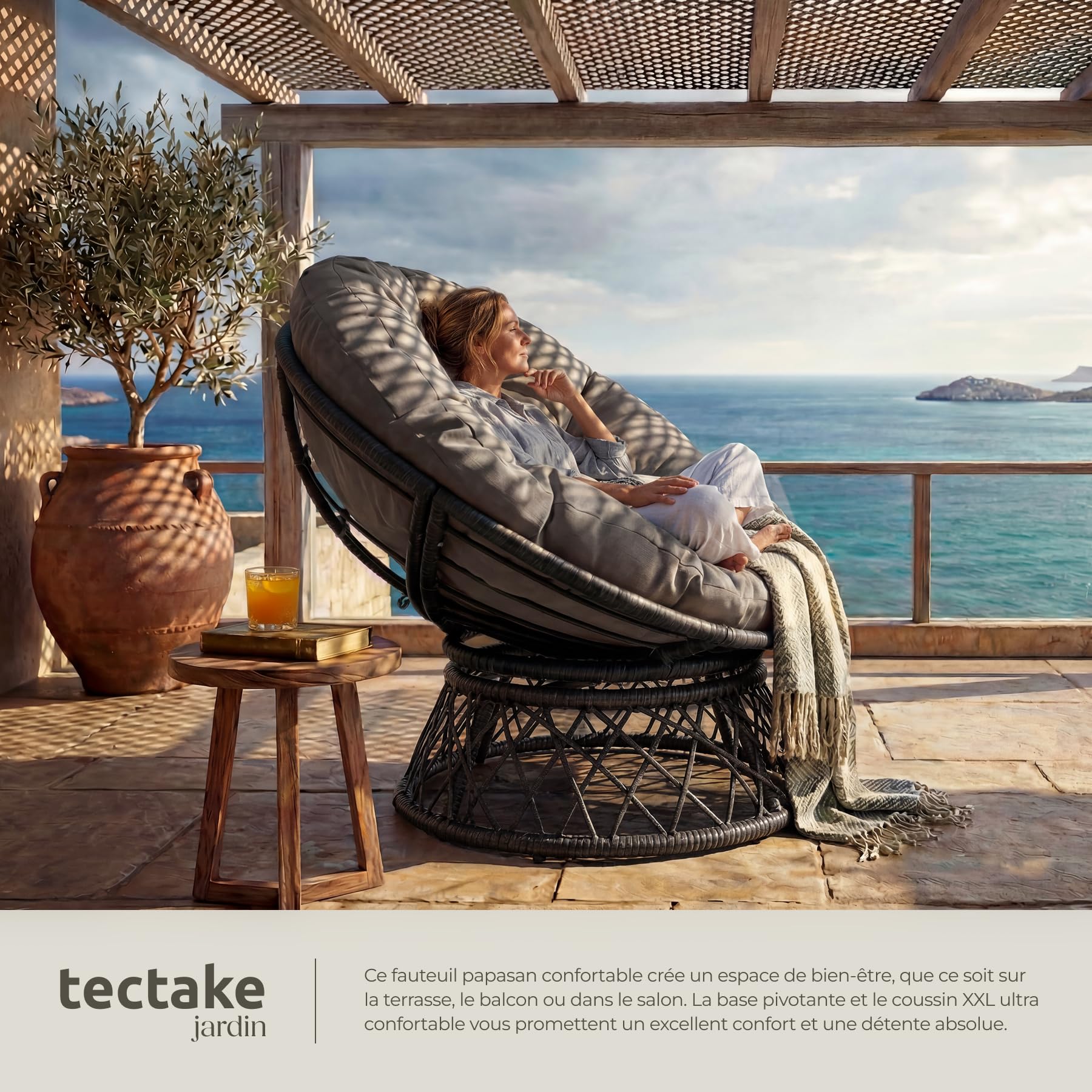 tectake® Fauteuil Papasan en Rotin Chaise Relax Ronde Résine Tressée 1 Place Pivotant à 360°, Coussin Épais Grand Confort Inclus, Mobilier de Jardin pour Amenagement Balcon Terrasse Salon de Jardin