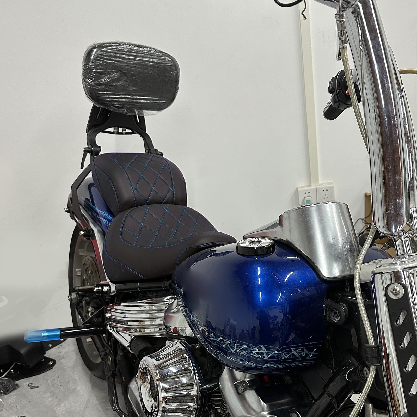 HCmotorku Motorcycle Seat For Harley Softail Fat Boy & Breakout - Front & Rear, PU Leather, Blue Stitching