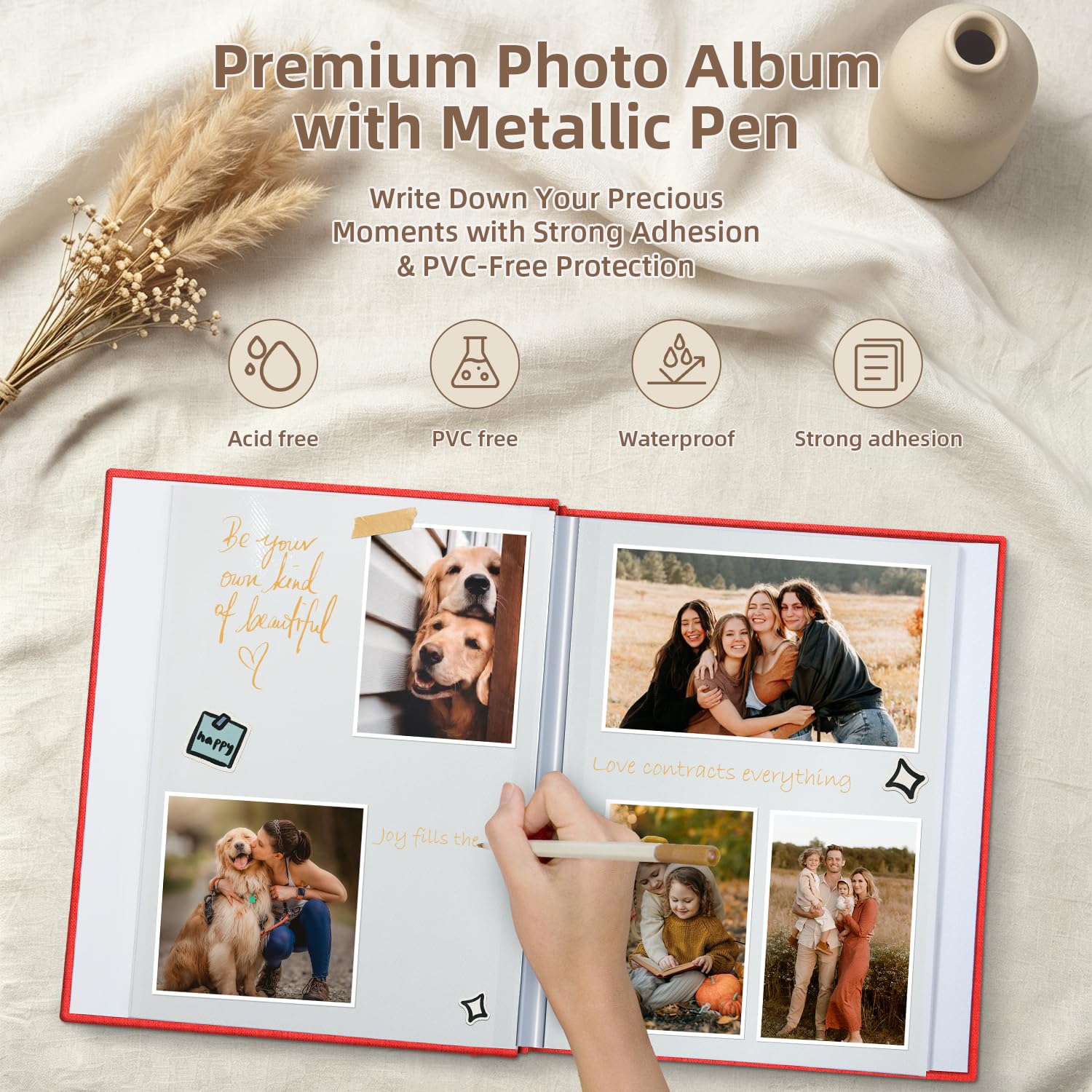 Popotop Álbum de fotos autoadhesivo con ventana de visualización de imágenes, 40 páginas, álbum de recortes para fotos de 4 x 6 pulgadas, 10 x 12 pulgadas, libro de recuerdos con cubierta de lino para