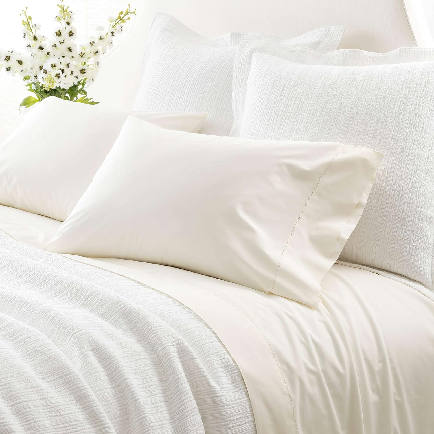 Pine Cone Hill Classic Hemstitch White Sheet Set, California King Size, White Solid Pattern