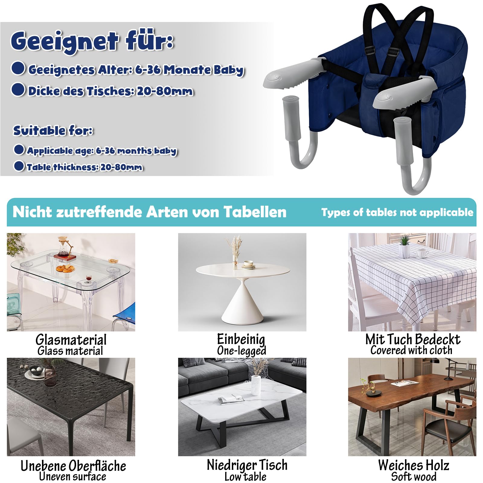 LARS360 Tischsitz Baby, Faltbar Hochstuhl Sitzerhöhung für zu Hause & Unterwegs, Geeignet für Kinder von 6 bis 36 Monaten mit Einem Gewicht von Weniger als 15 kg - Blau