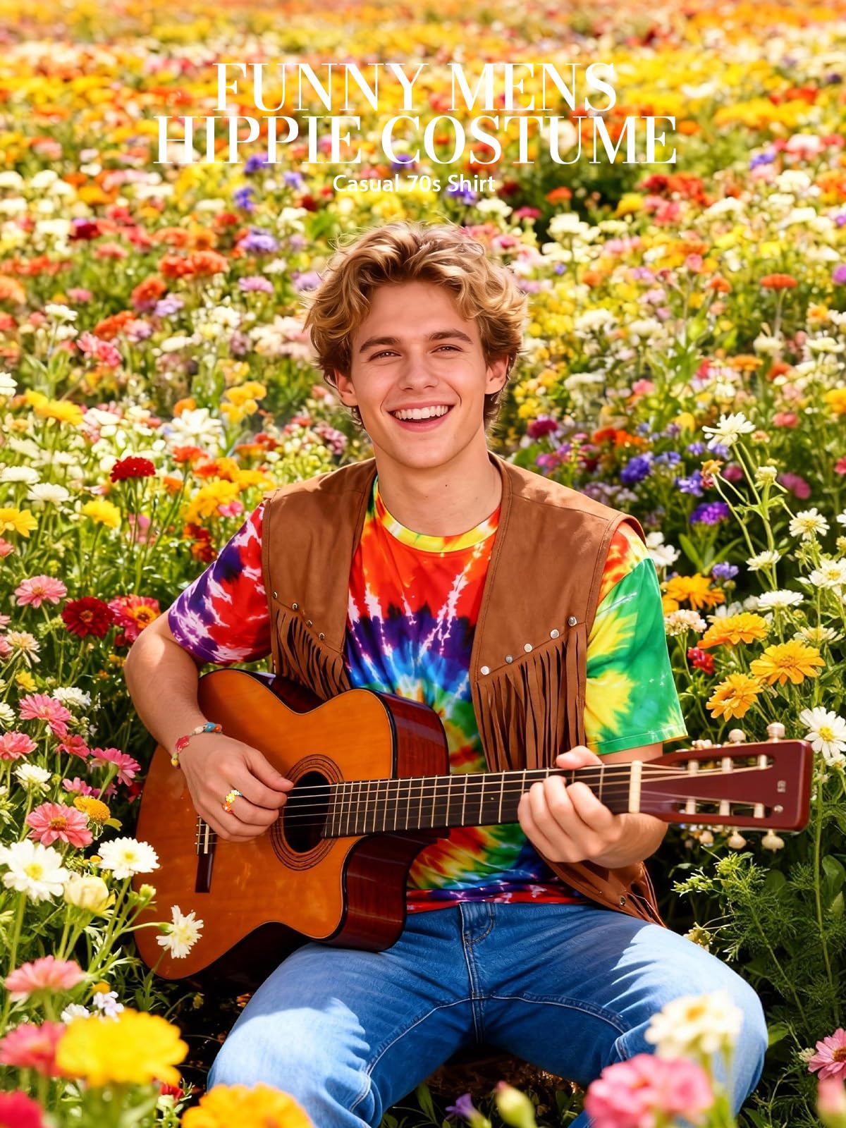 Hippie Kostüm für Herren 60er 70er Jahre Outfits Zubehör Tie Dye Shirt Set Fransen Karneval Weste Perücke Tie Dye Stirnband für Halloween